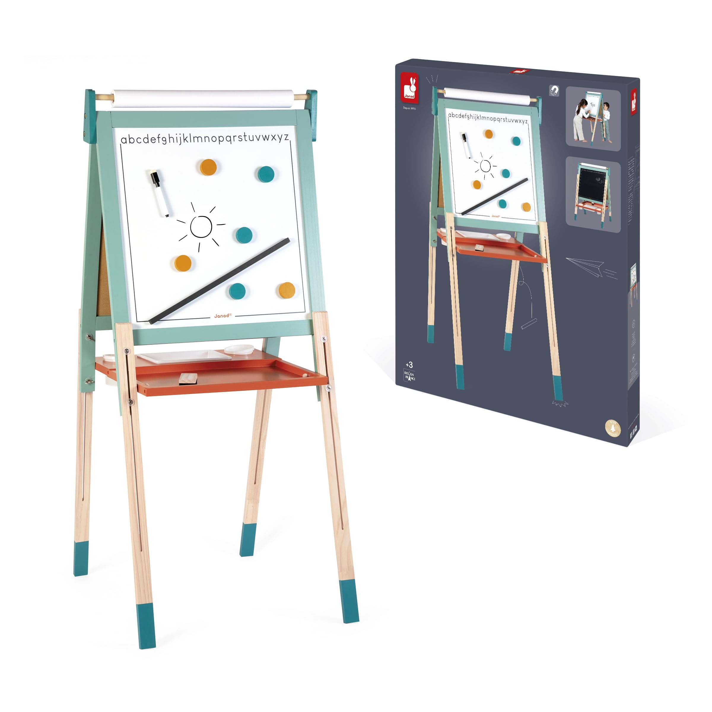 Janod J09625 - Cuadro de caballete doble cara, ajustable en altura, pizarra blanca magnética + pizarra para tiza + rollo de papel, 23 accesorios incluidos, a partir de 3 años