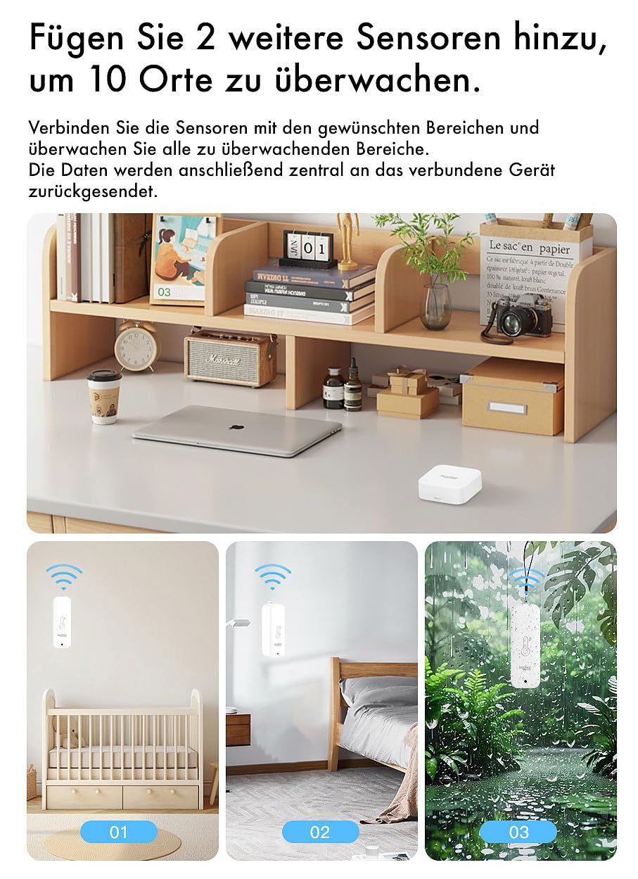 Luminea Home Control Hygrometer: 9er-Set Temperatur- & Feuchtigkeitssensoren, WLAN-Gateway, App, IP65 (Max-Min-Gewächshaus-Thermometer, Luftfeuchtigkeitsmessgeräte, Toilette)