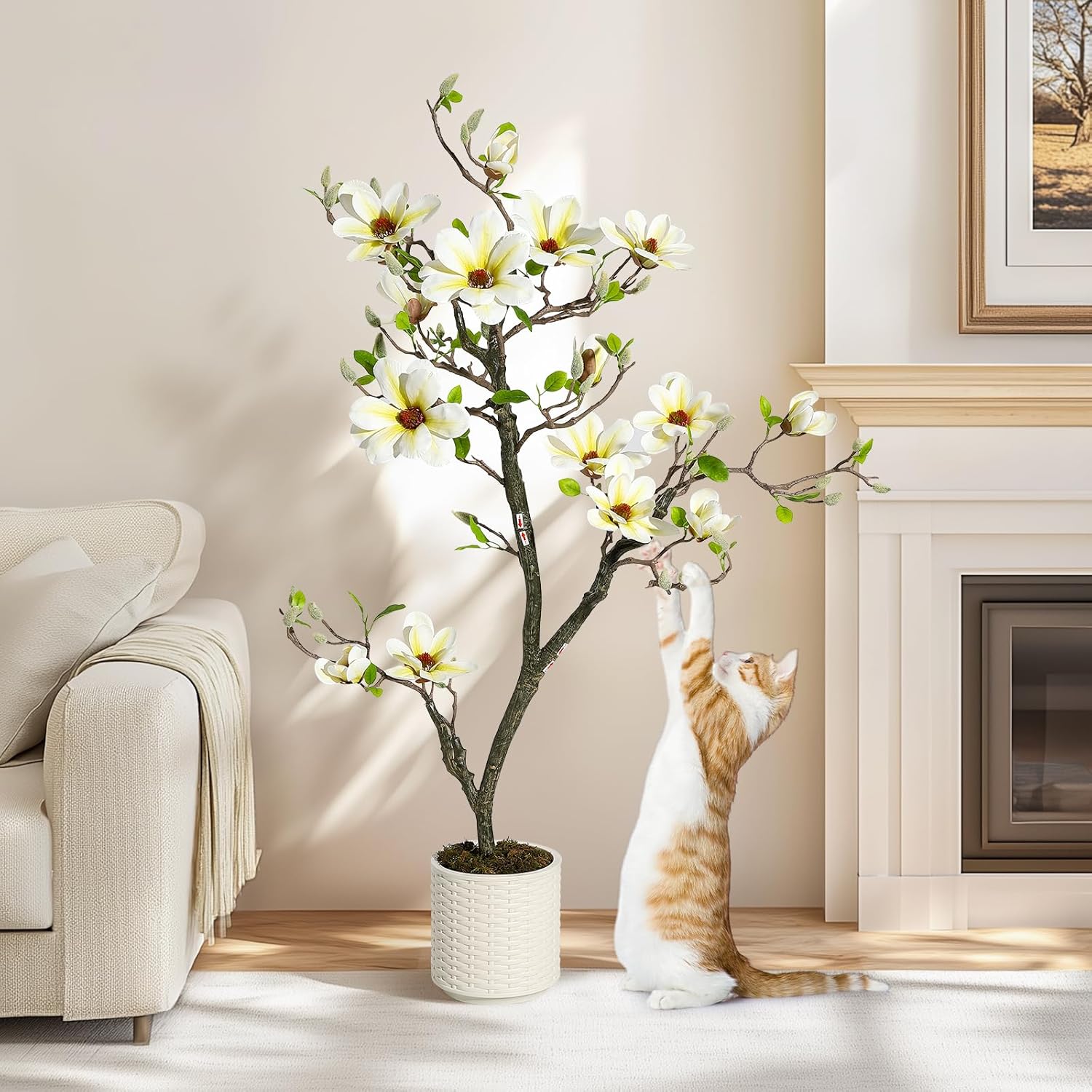 4 ft faux magnolia plants artificial flower trees fake plants for yard patio home office arrangement decor indoor outdoor artificial magnolia tree inc. 66 realisc flowers vivid leaves mosses white pot 4ft 4ft