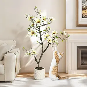4FT Faux Magnolia Plants Artificial Flower Trees Fake Plants for Yard Patio Home Office Arrangement Decor Indoor Outdoor Artificial Magnolia Tree Inc. 66 Realisc Flowers Vivid Leaves Mosses White Pot