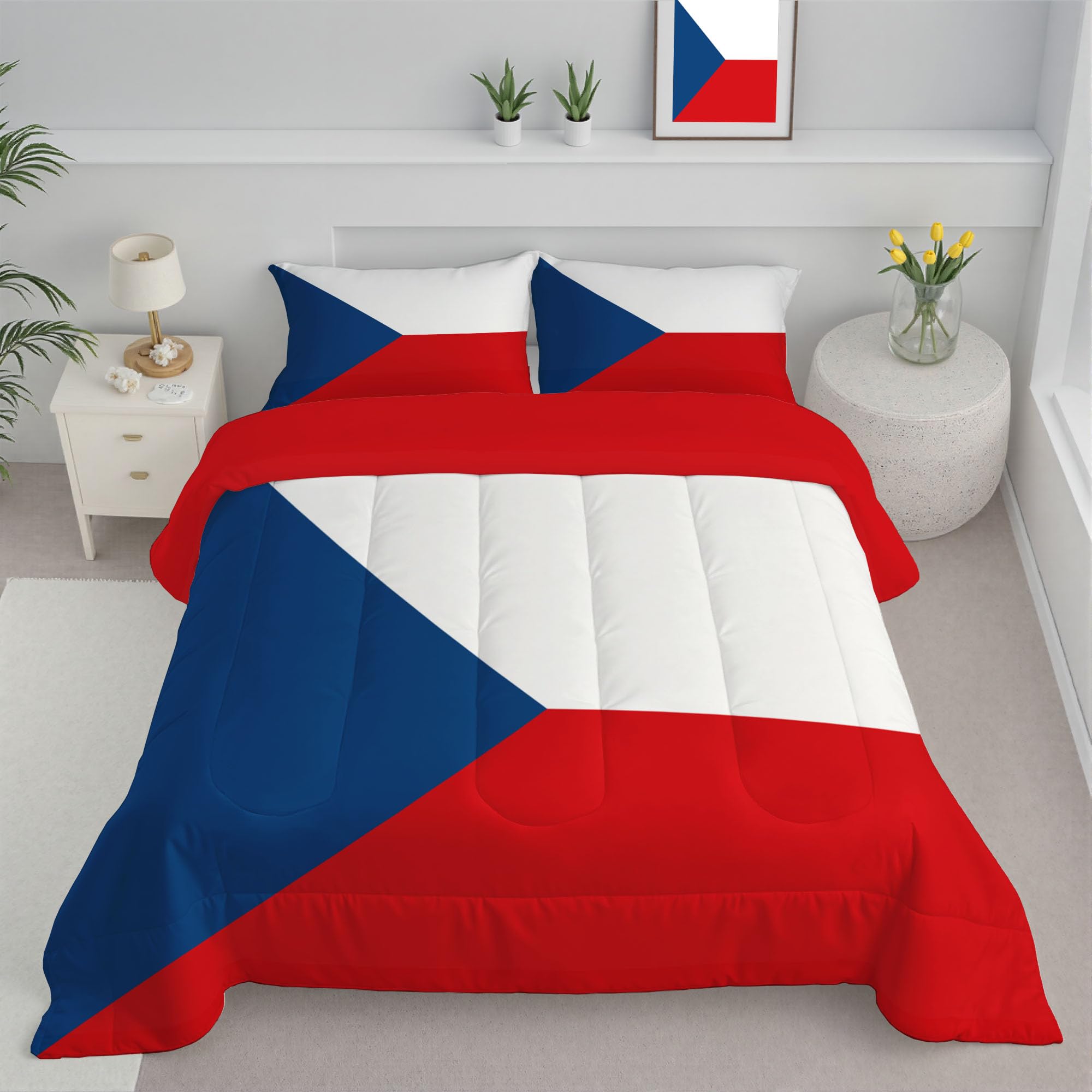 Couette 200x200 hypoallergénique imprimé géométrique moderne bleu rouge