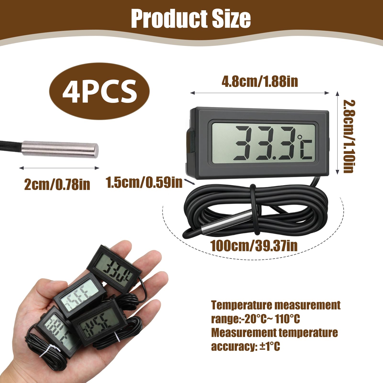 4 Mini Thermomètre Numérique, Thermomètre Digital LCD Moniteur de Température avec 1m Sonde Externe pour Reptiles Réfrigérateur Congélateur Réfrigérateur Aquarium Incubateur Volaille