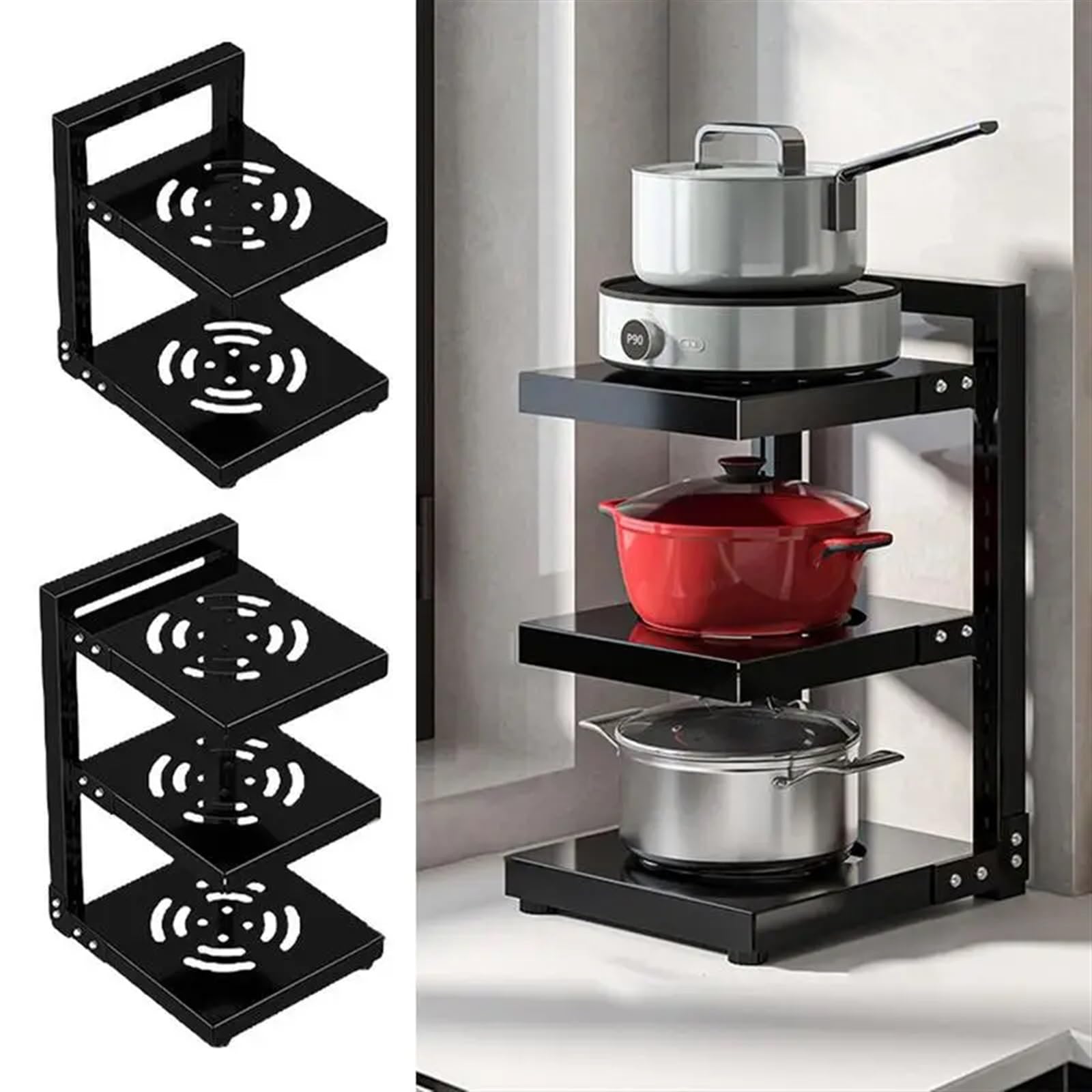 Organizer per Pentole Portaoggetti da cucina regolabile for pentole sotto il mobile Portavasi a scatto a stratificazione libera for l'organizzazione della(2 Layers)