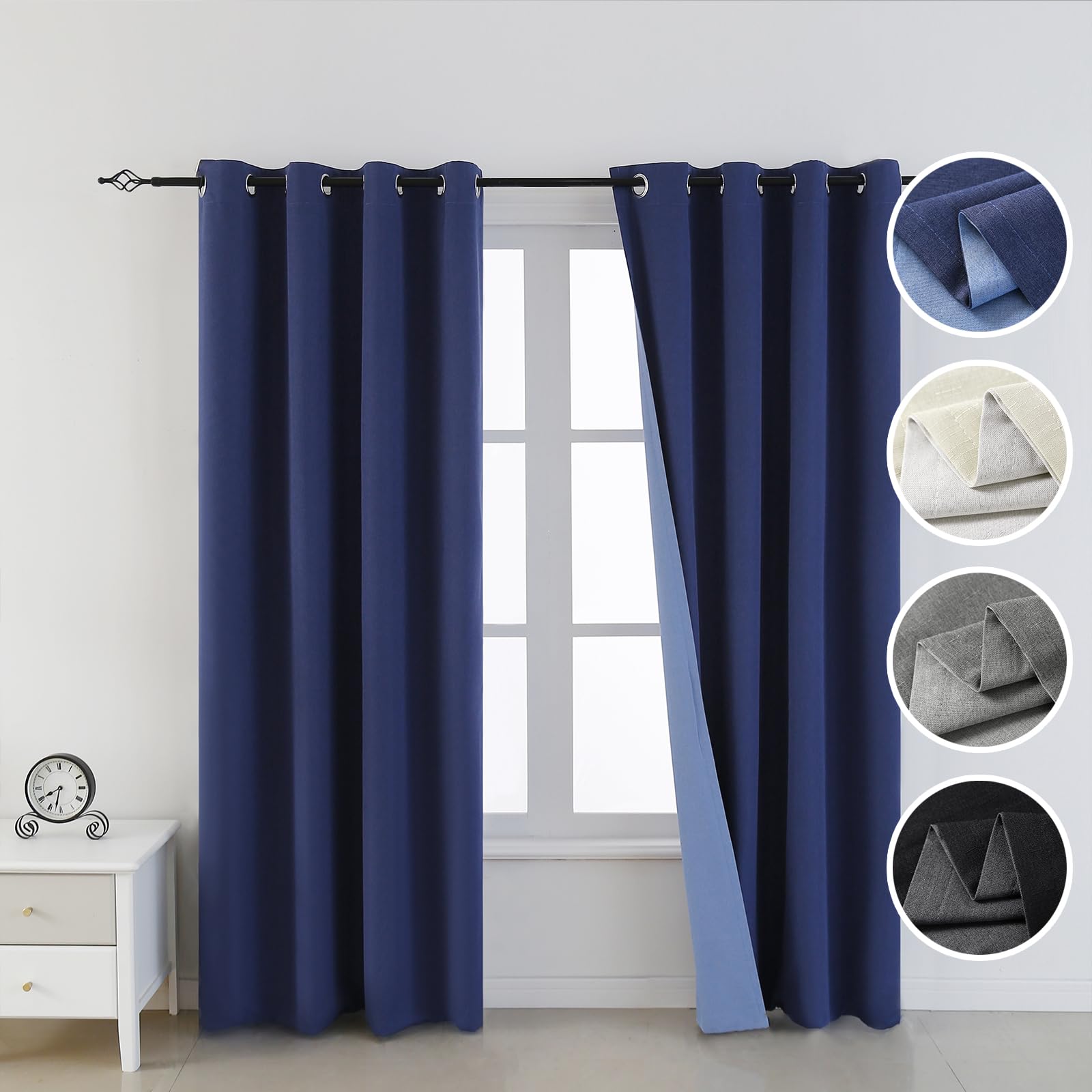 FEBSIXTH 100% Blue Linen Blackout Curtains for Bedroom,Black Out Curtains for Living Room,Double Layer Usable Room Darkening Curtains 84 inches Long,