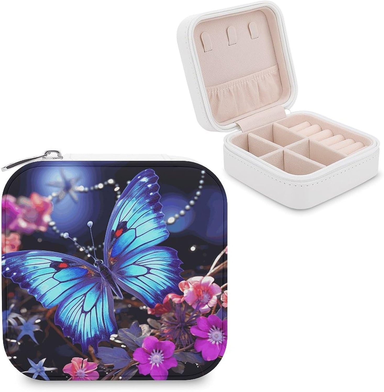 Travel Jewelry Box for Women Waterproof PU Leather Beauty Butterfly Jewelry Organizer Tangle Free Portable Storage Holder Case for Necklace Pendant Bracelet Ring Watch Earring Bangle