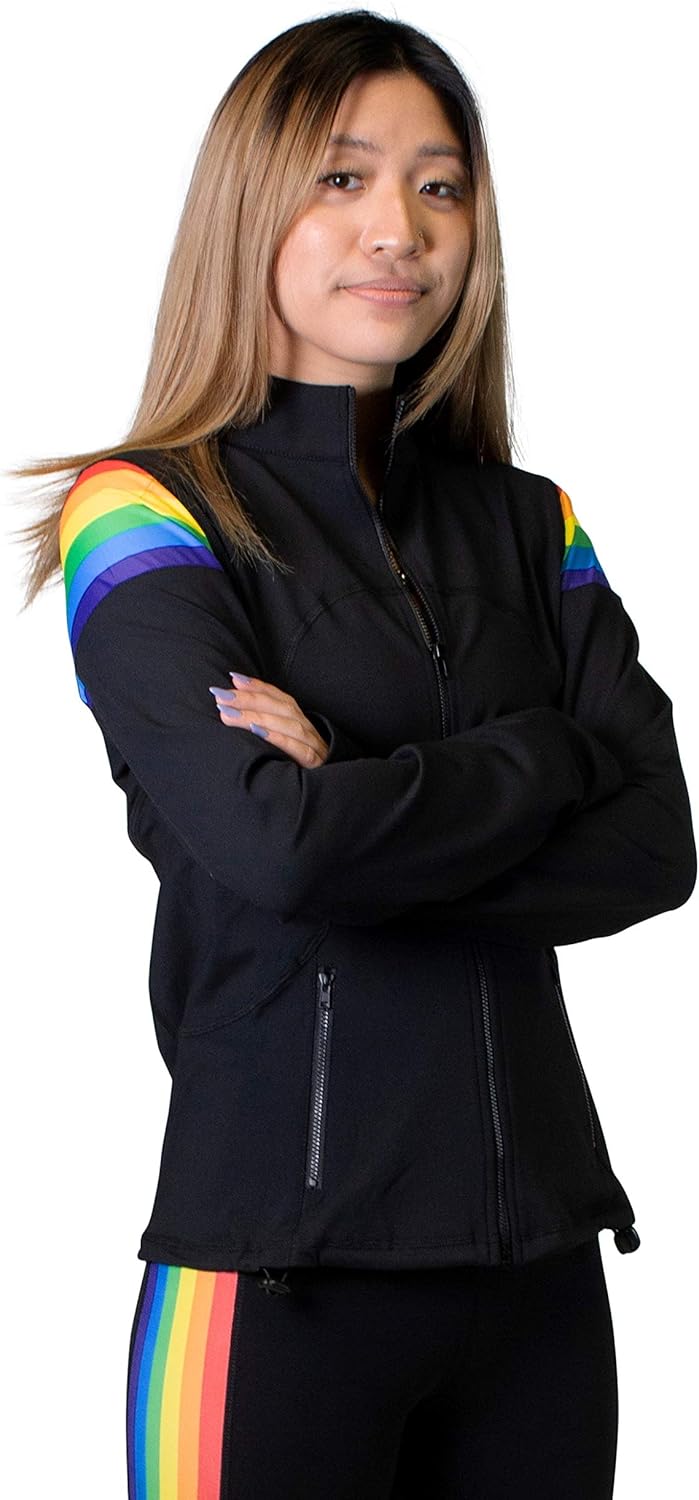 Rainbow Striped Women's Full Zip-Up Yoga Track Jacket (Black)