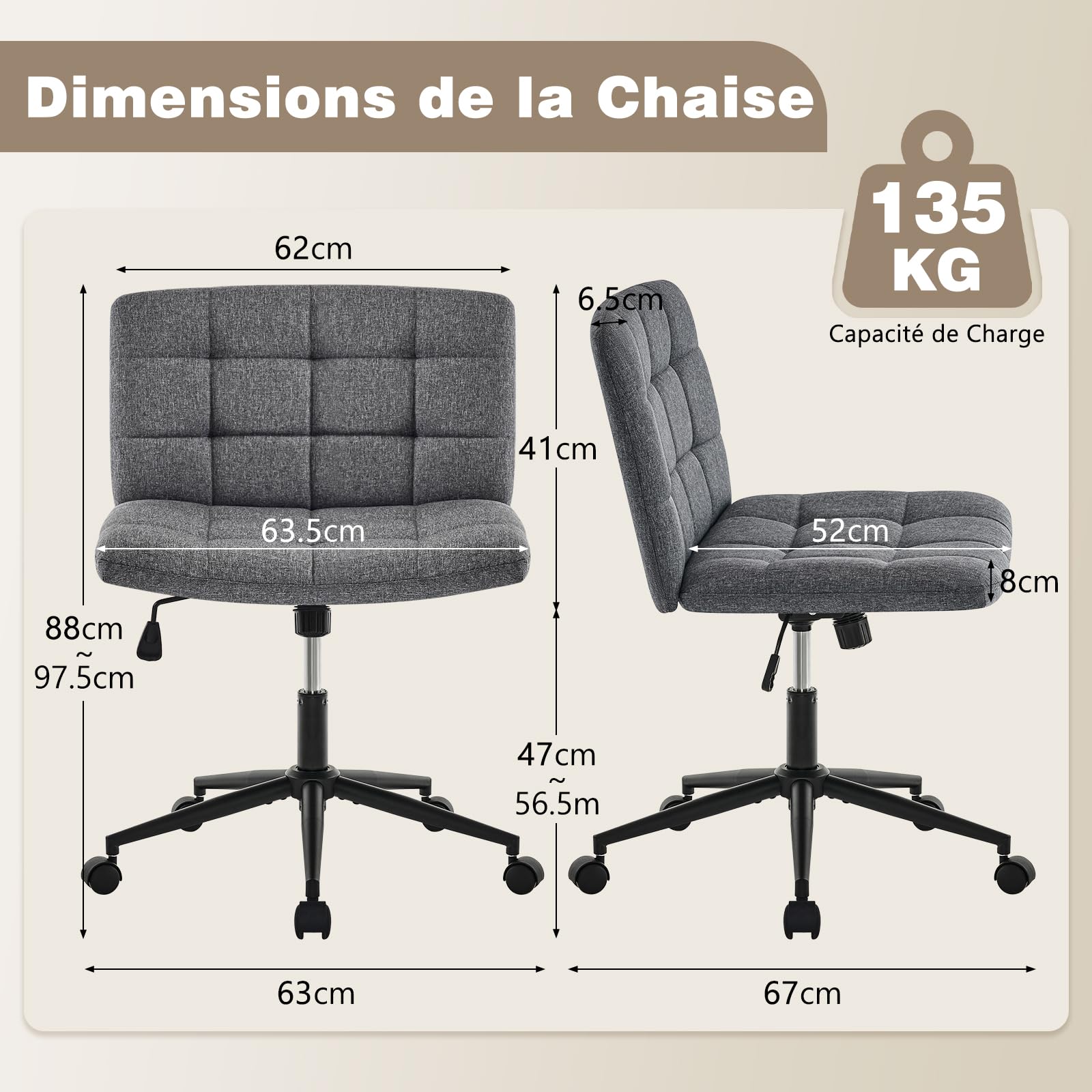 Hellove Chaise De Bureau à Domicile avec Assise Large, Chaise CroiséE à roulettes, Chaises De Bureau sans Accoudoirs en Tissu Lin, Fonctions Pivotantes Et Inclinables RéGlables en Hauteur, Gris