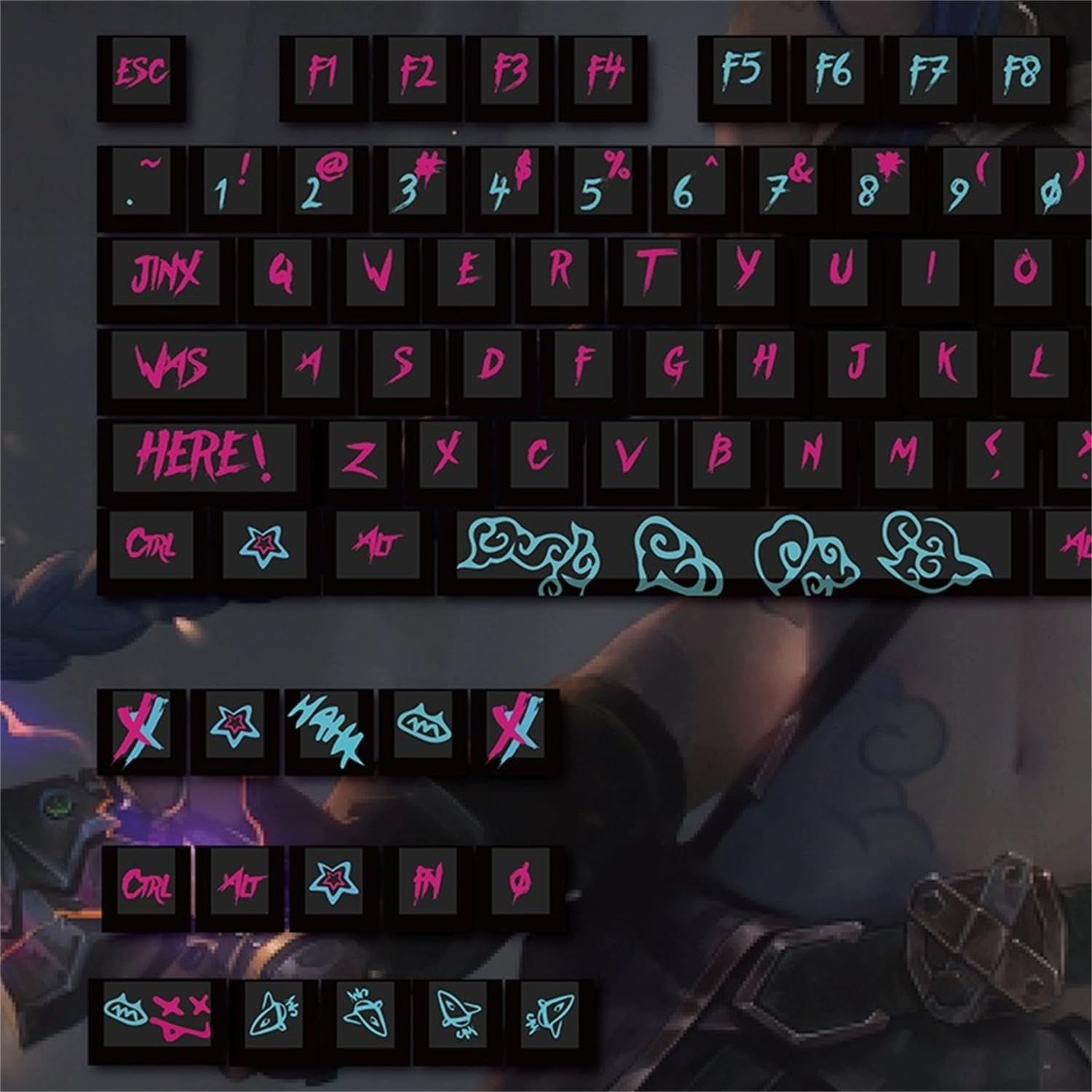 123 touches sur le thème League of Legends Jinx, compatibles avec les commutateurs MX Cherry/Gateron/Kailh/Akko, avec extracteur de clé. (barre d'espace 6,25U) (requin
