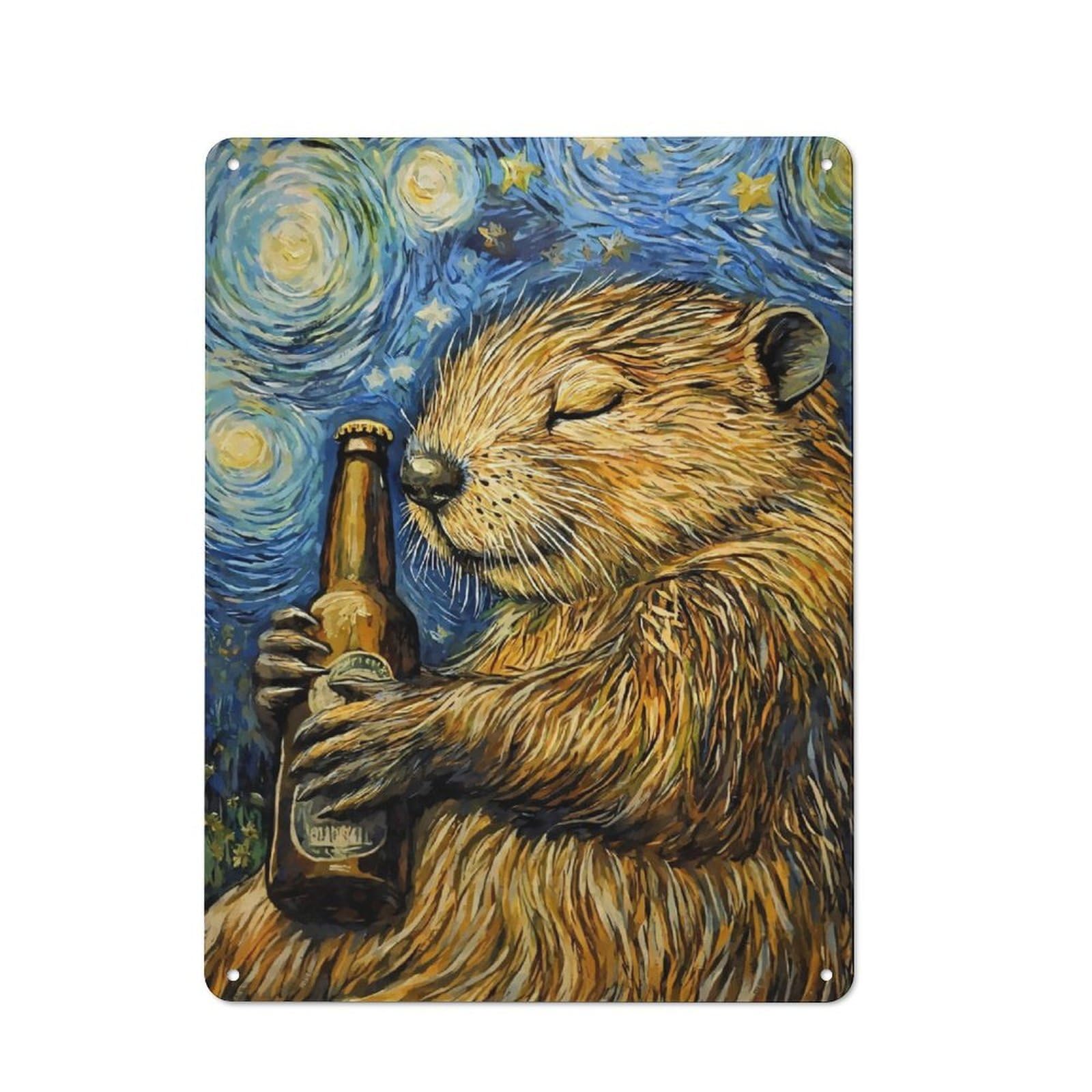 Junmoney Beaver Beer In Starry Night Metal Sign 40X30cm With For Workshop Wall, Rustic Decor, For Collectors Decorating Workshops And Hobby Rooms