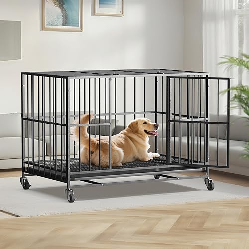 Miniatura 6 de Jaula para perros de acero resistente de 42 pulgadas a prueba de escape, jaula de doble puerta interior para alta ansiedad, bandeja extraíble,
