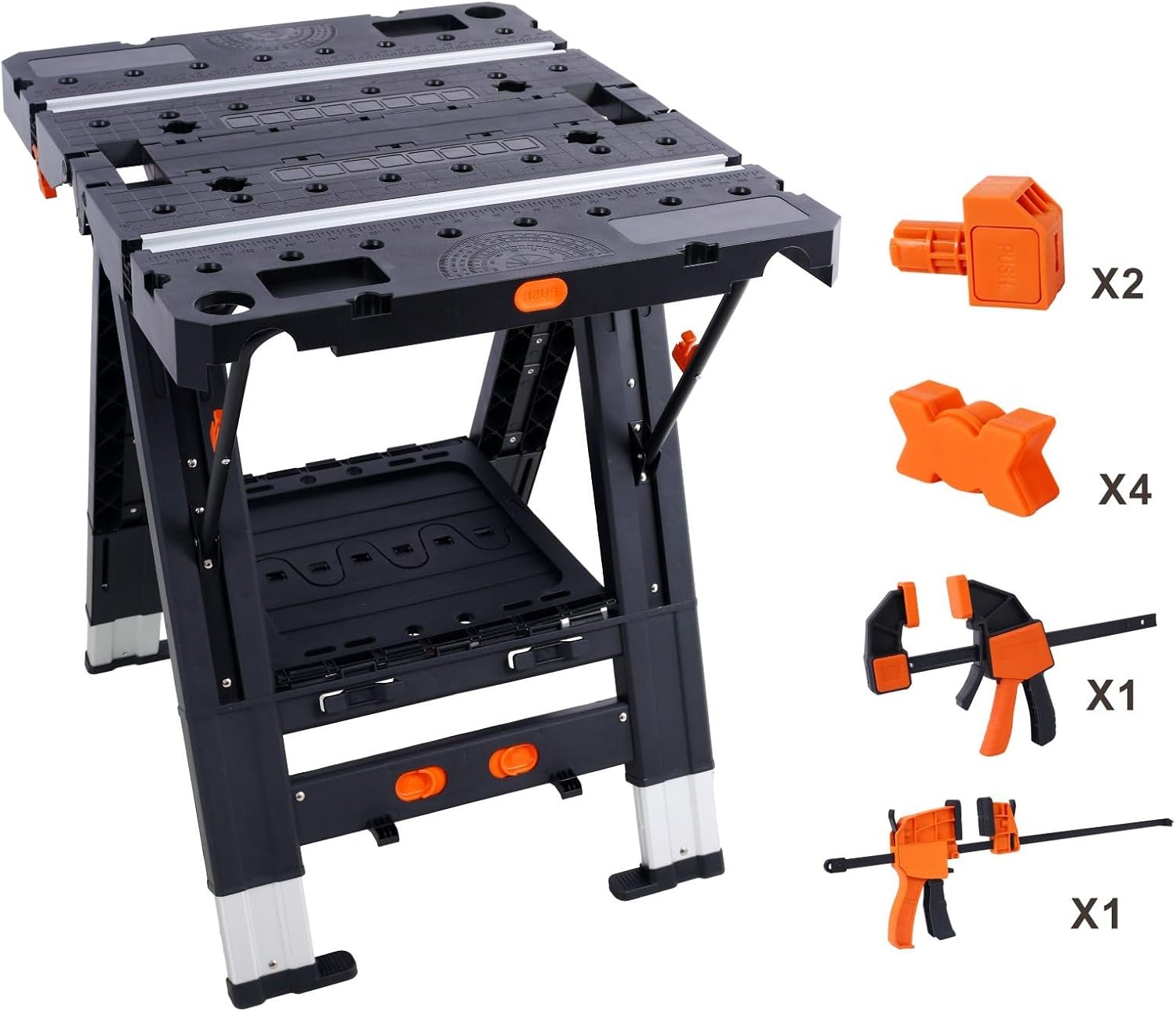 Heavy-Duty 2-in-1 Folding Work Table and Sawhorse - Adjustable Height, 1000 Lbs Capacity, with Clamps and Accessories for DIY and Professional Projects, Black