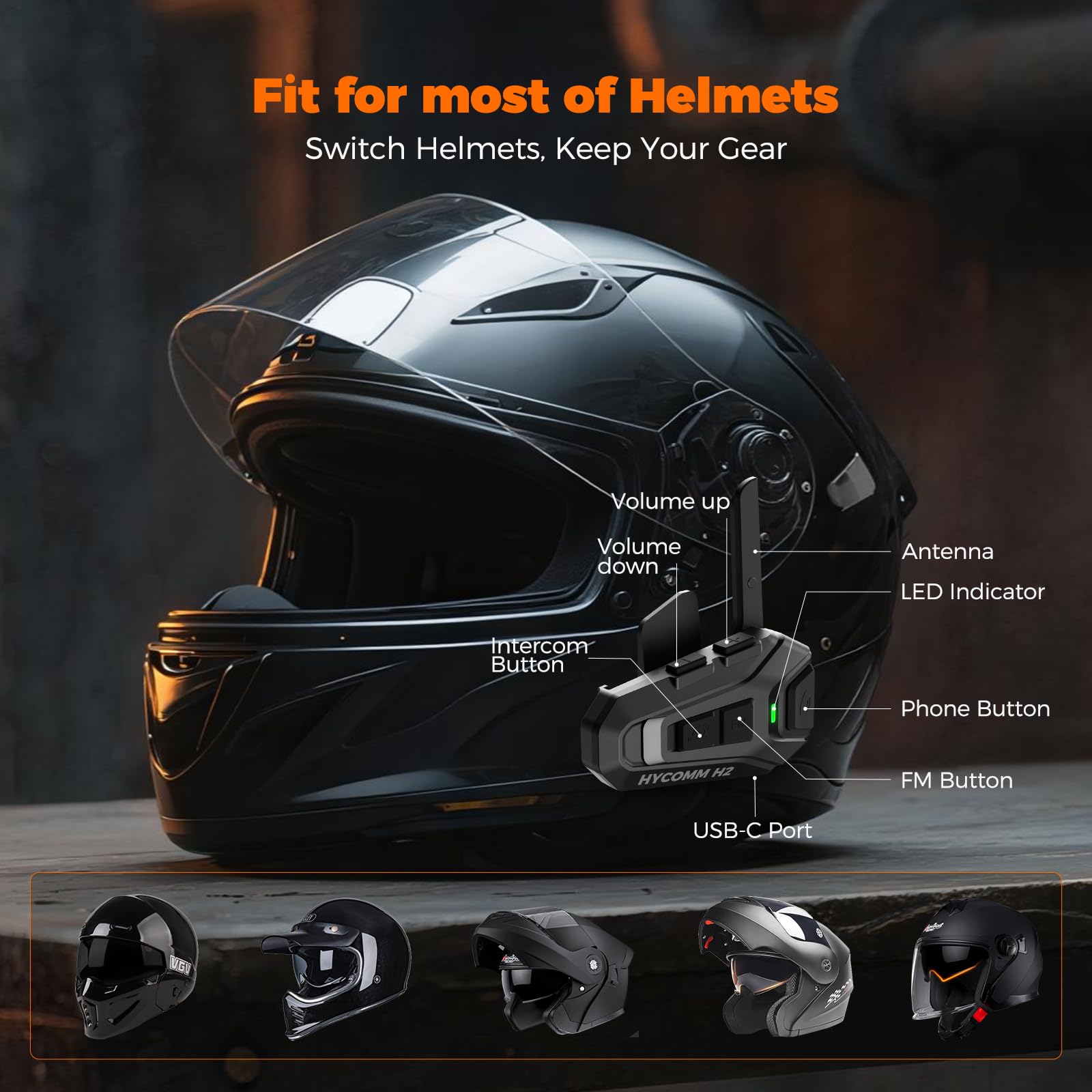 H2 Auriculares Bluetooth para Casco de Moto, Intercomunicador 2 Vías 1 Botón, 35h Batería, IP67 Impermeable, Cancelación de Ruido, Manos Libres con Asistente de Voz