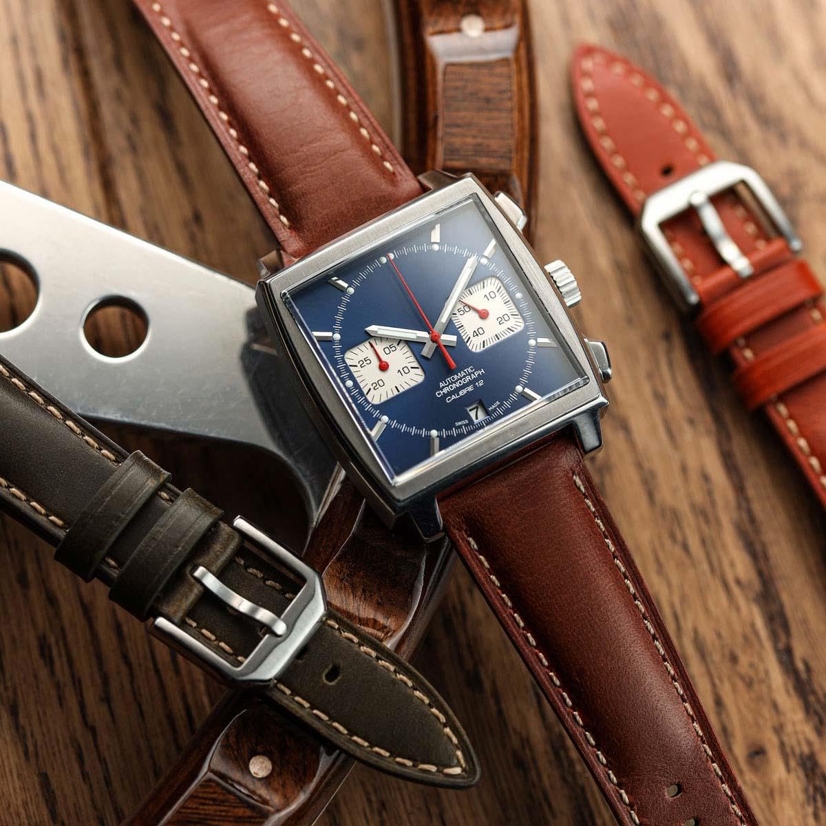 WatchGecko Tenby Classic Lederarmband aus gewachstem, geöltem Vollrindsleder mit Schnellverschlüssen. In schwarz, braun, bordeaux, grün und rot. Größen 20mm und 22mm