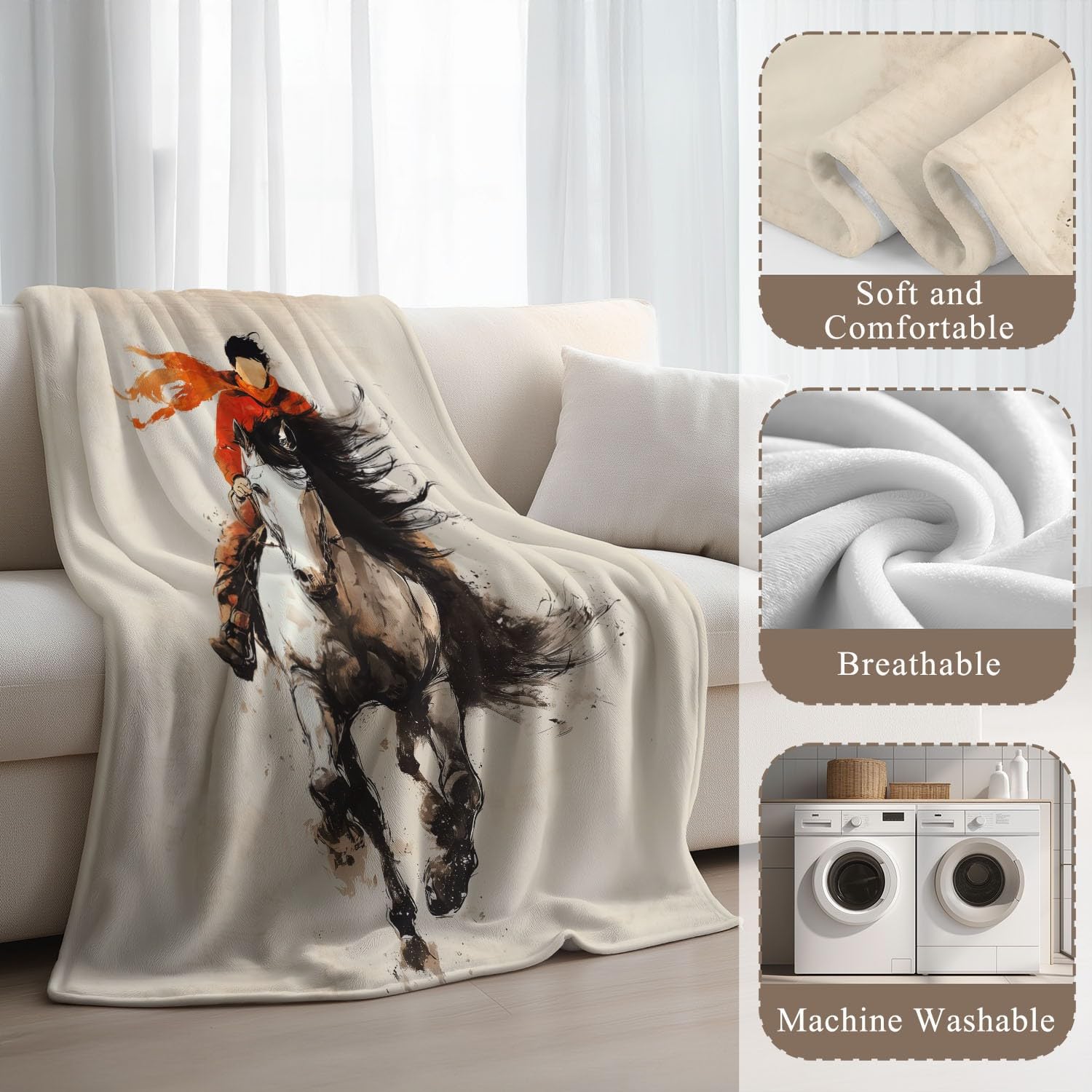 Przytulny koc flanelowy w stylu vintage, fantazyjny, koń, kowbojski, puszysty, miękki i ciepły, beżowy, koc na sofę, koc na kanapę, dla nastolatków i dorosłych, 150 x 200 cm