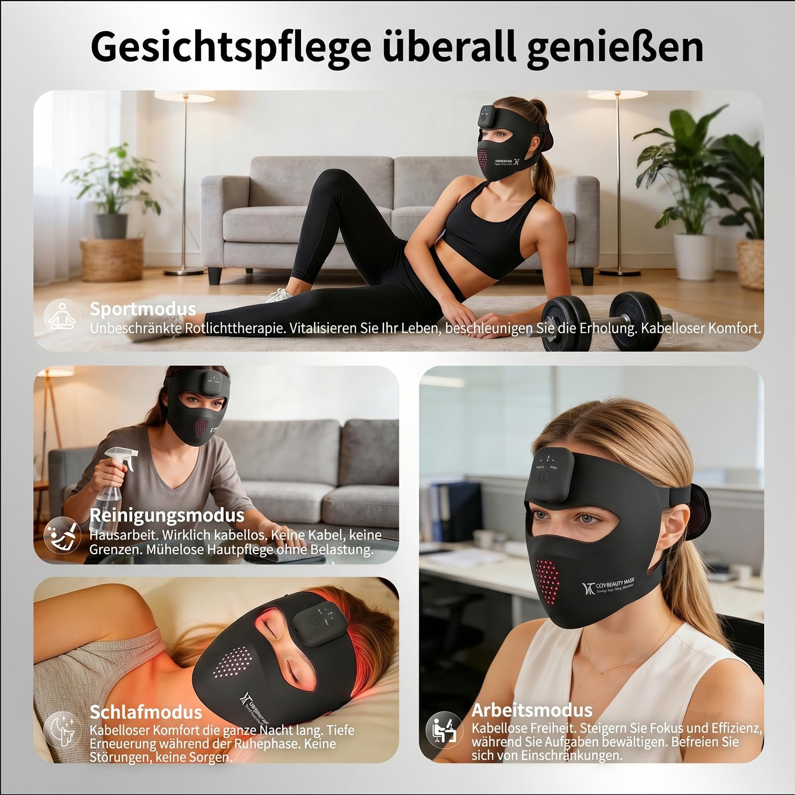 Gesichtsmasken-Lichttherapie, LED-Rotlichttherapie für das Gesicht, Infrarot- und Rotlichttherapie für das Gesicht, wiederaufladbares tragbares Rotlicht-Gesichtsgerät (Schwarz B)