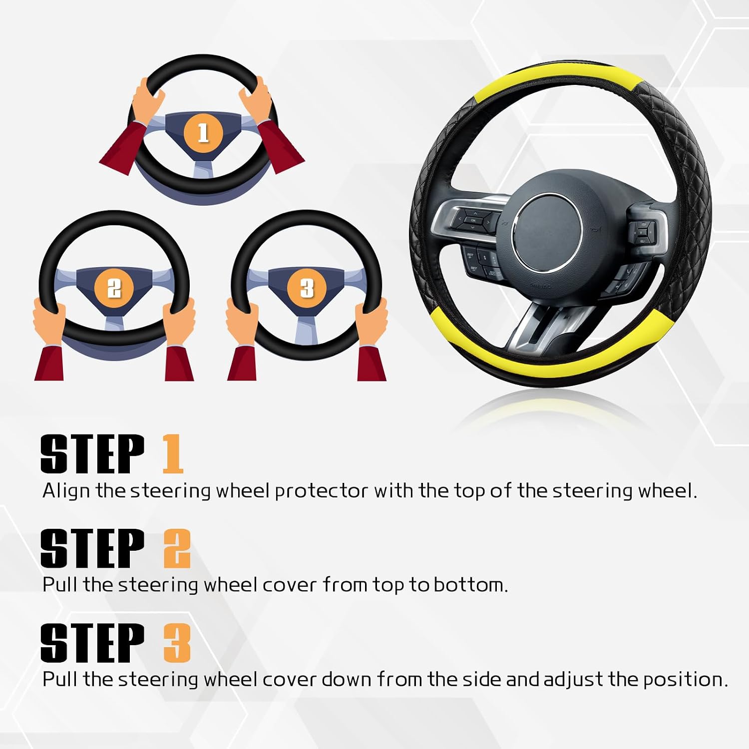 Car Steering Wheel Cover, 15 Inch PU Leather Breathable (Yellow) image 5