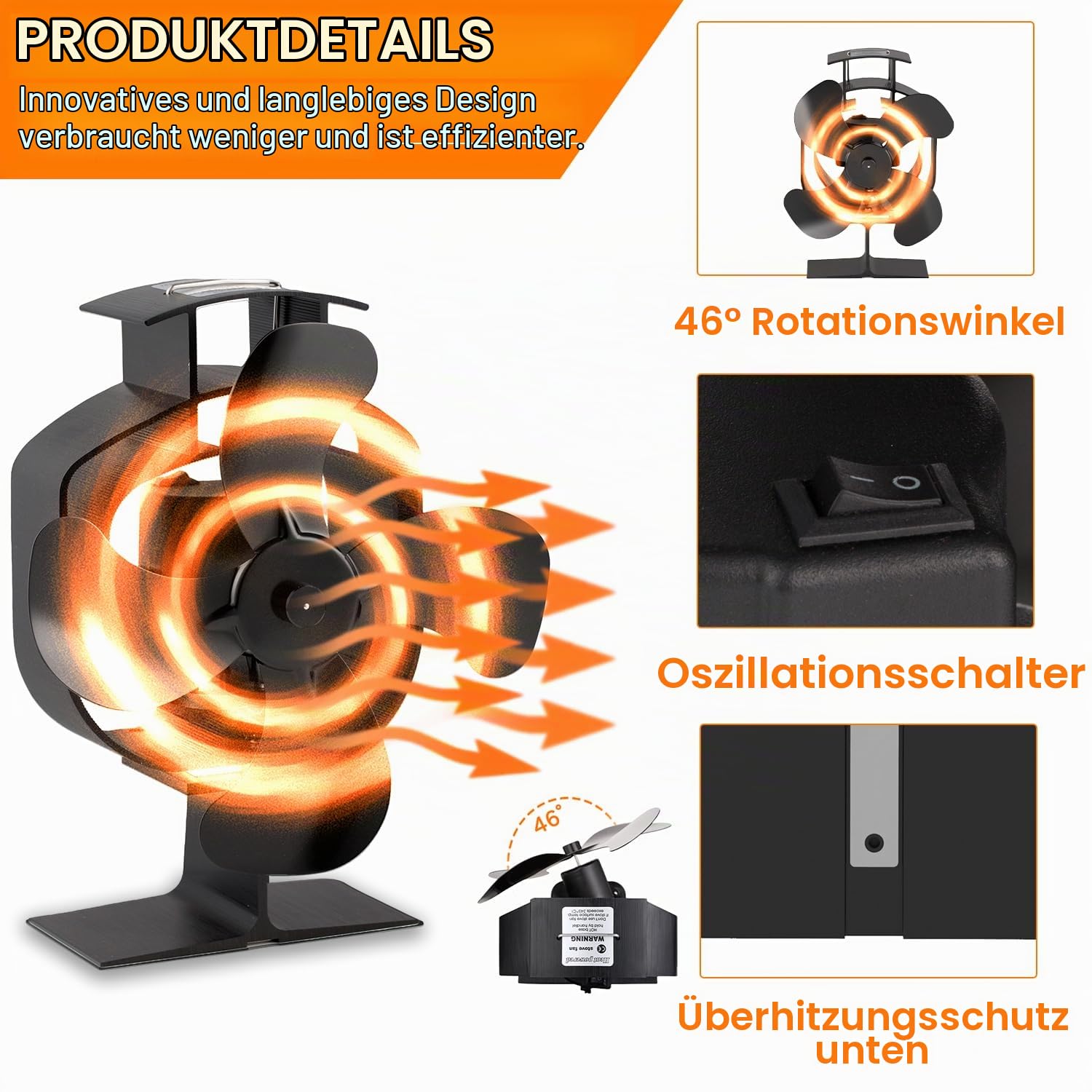 Ofenventilator Oszillierender Kaminventilator Kaminventilator Ohne Strom, Ofenventilator mit 4 Blättern für Kaminofen, Effiziente Wärmeverteilung für Holzbrenner und Kamin