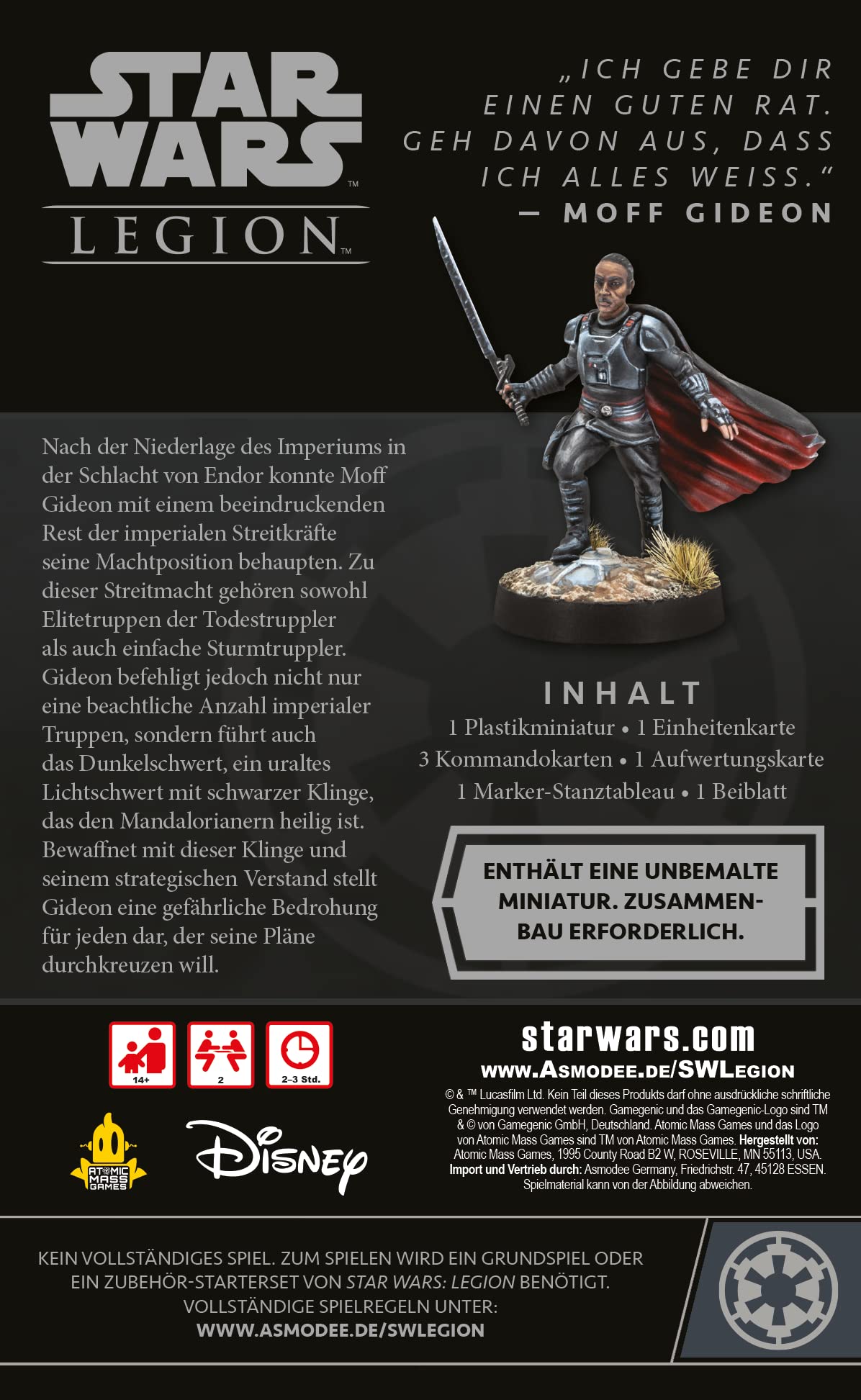 Atomic Mass Games, Star Wars: Legion - Moff Gideon, Commander, Tabletop, 2 Jugadores, a Partir de 14 años, 120-180 Minutos, alemán