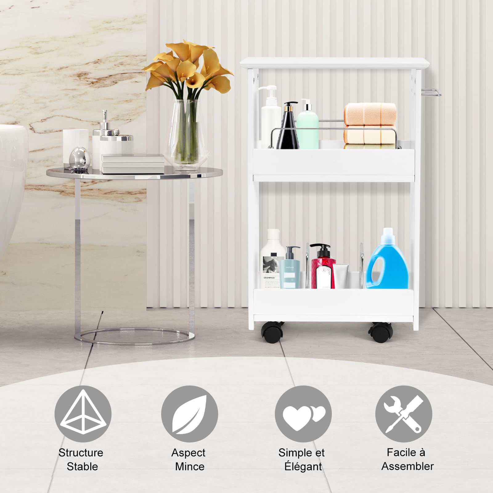 GOPLUS Chariot de Salle de Bain Mince, Meuble de Rangement à roulettes avec 2 étagères, Roue Verrouillable, Porte-Serviettes, pour Cuisine, Salle de Bain, 46x20x65cm, Blanc