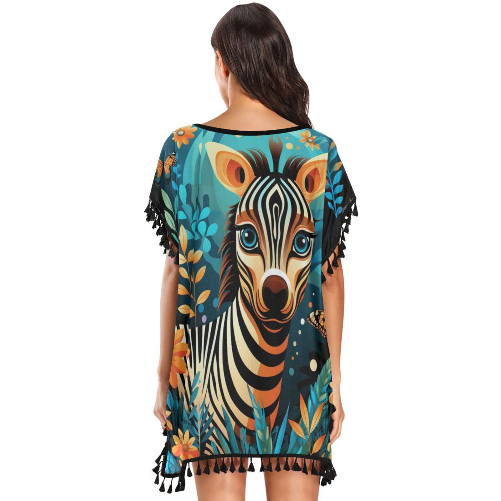 Forest Flower Animals Zebra Women's Beach Cover Up Chiffon Tassel Swimwear Swimsuit Coverups for Girl