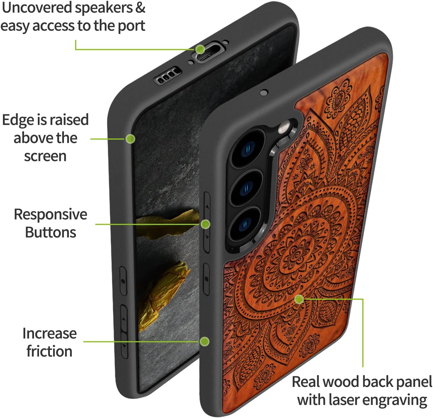 Carveit Wood Case for Galaxy S23 Case [Natural Wood & Black Soft TPU] Shockproof Protective Cover Unique & Classy Wooden Design Compatible with Samsung S23 (Gorgeous Flower-Rosy)