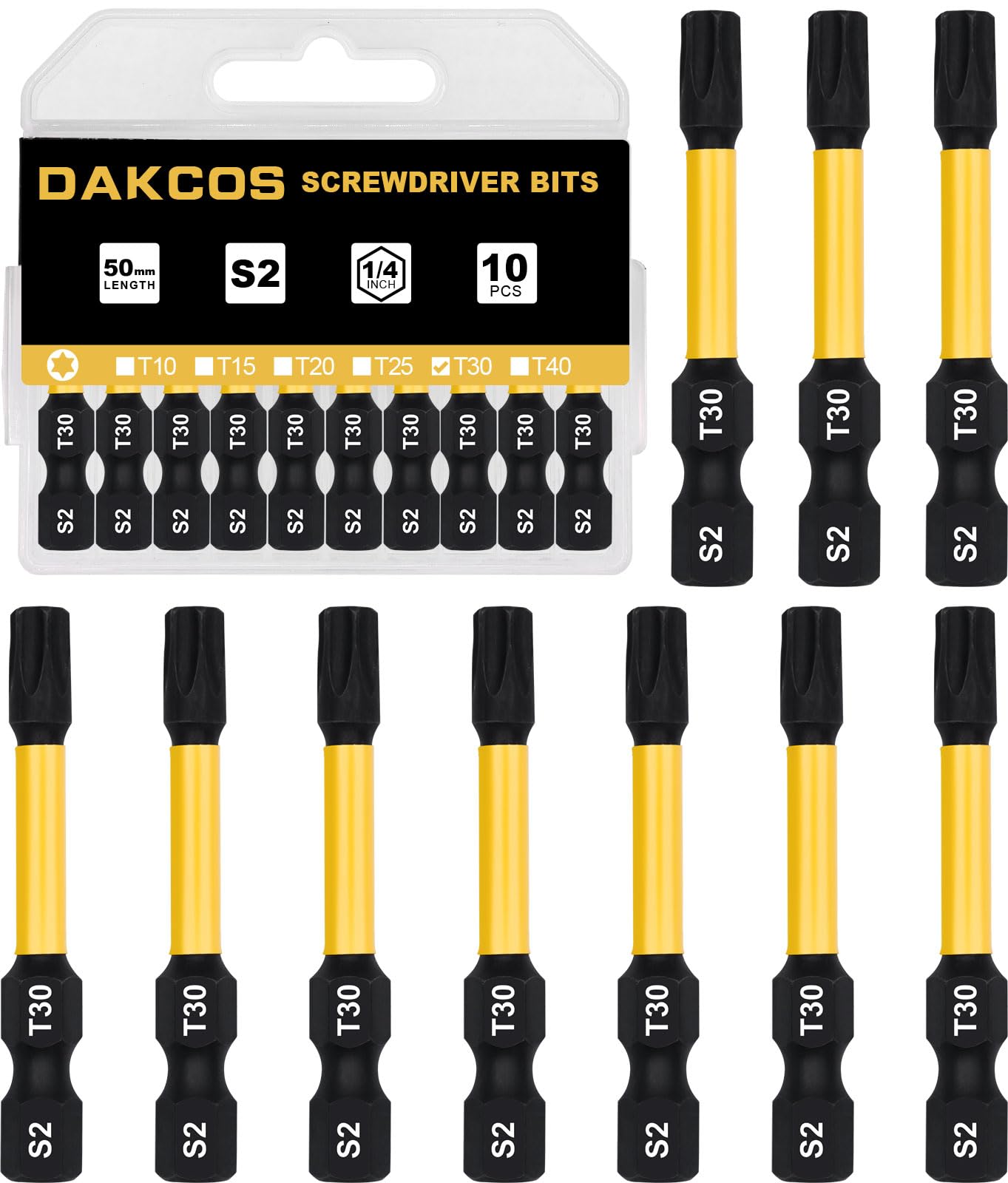 Dakcos T30 Torx Bit, Impact Driver Bits, 1/4" Screwdriver Bit Sets, 10Pcs Premium S2 Alloy Steel Bits, 50Mm Long