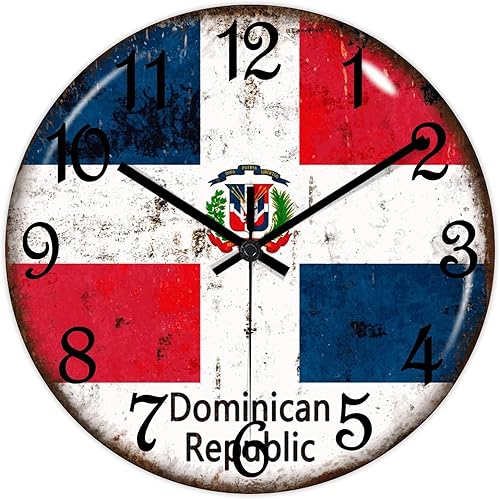 Miniatura 2 de Reloj redondo de madera con bandera de República Dominicana, reloj de pared de 10 pulgadas, silencioso, sin tictac, funciona con pilas, para