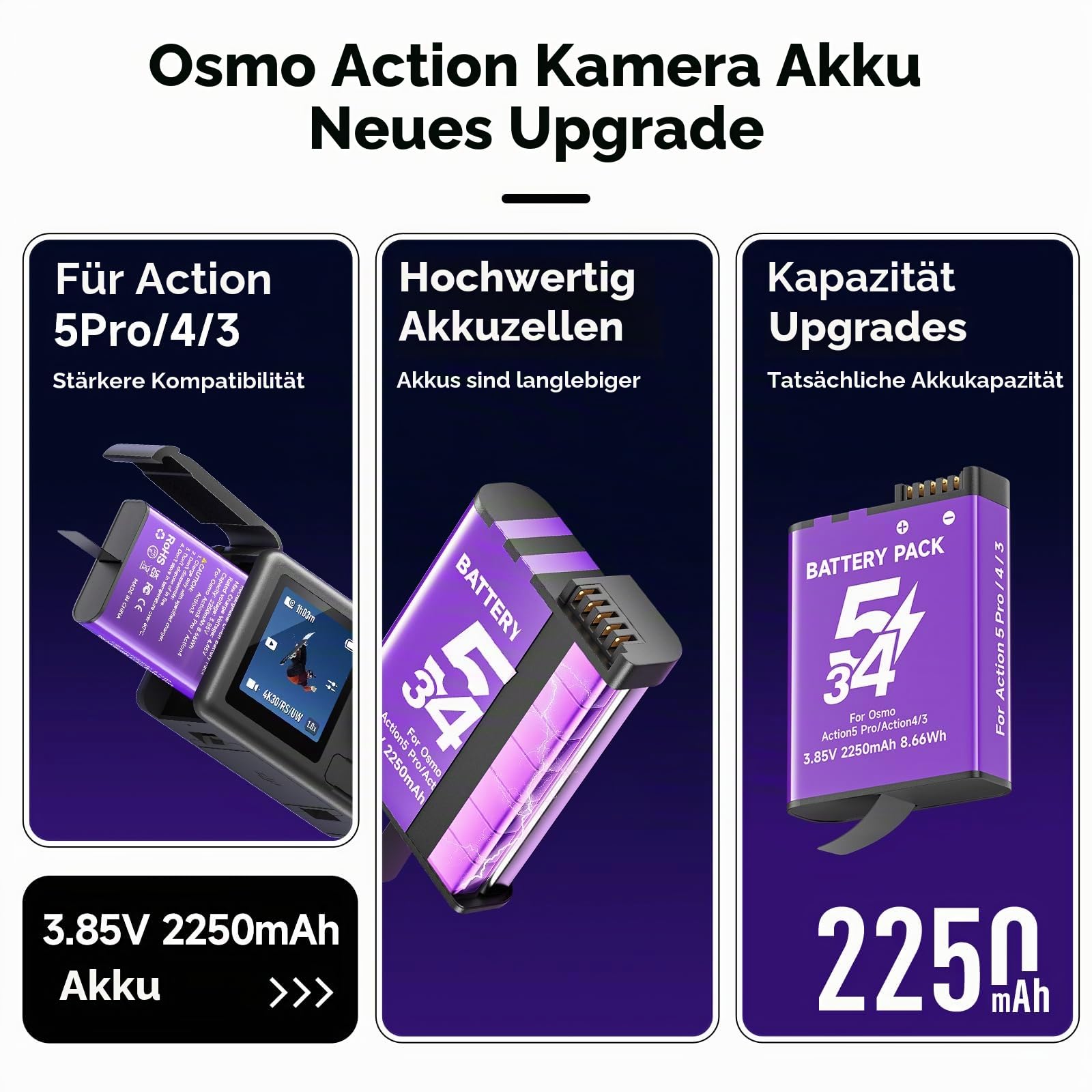 CITYORK 2250mAh (3-Pack) Ersatz Akku für .DJI-Osmo. Action 6 Pro/Osmo 360 /Osmo Action 5/ Osmo Action 4/ Action 3 Ersatzakku, Wiederaufladbare Langlebiger Sportkamera Zubehör, Lange Lebensdauer