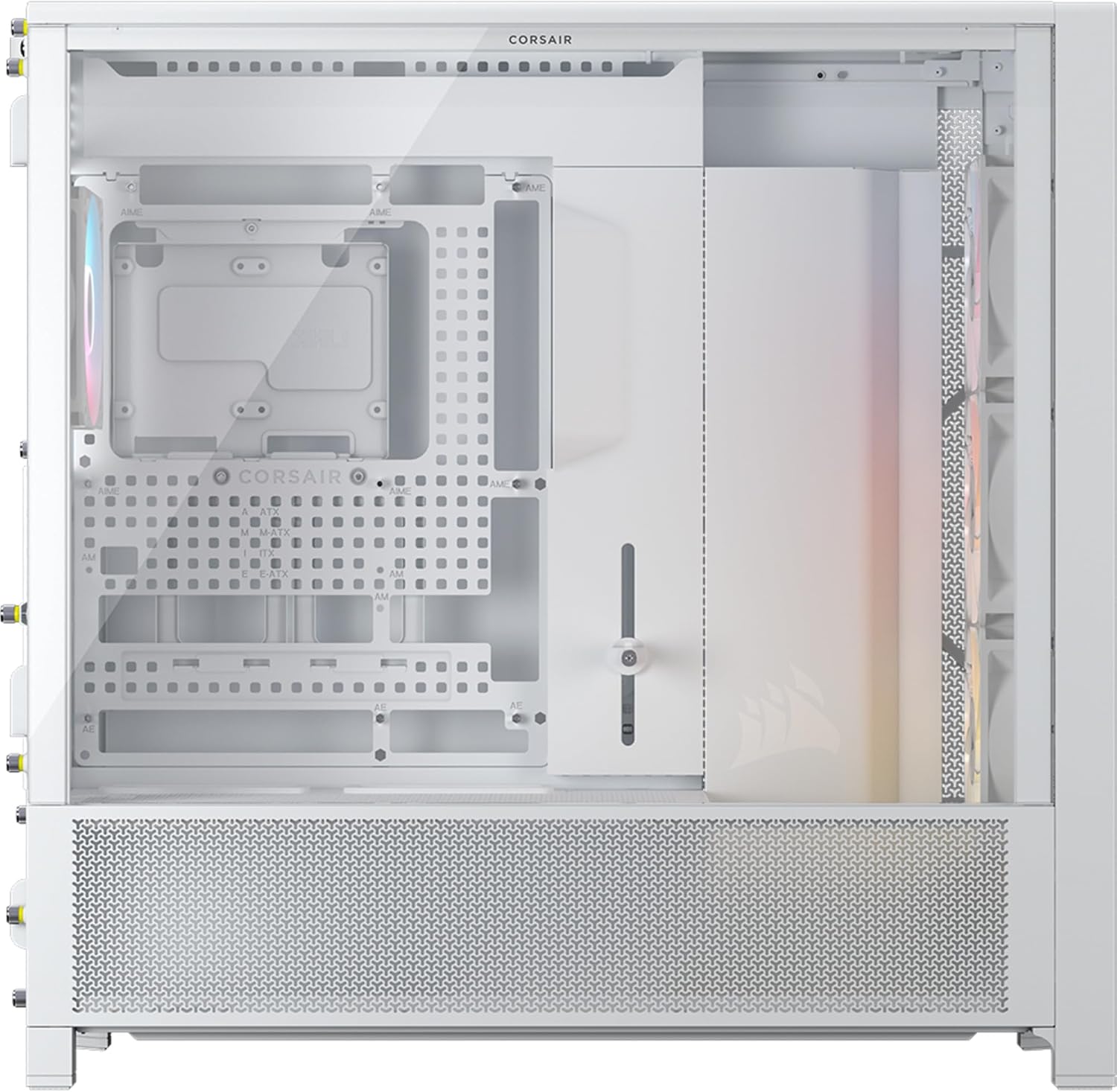 Internal view of the Corsair FRAME 5000D RS ARGB PC Case with the side panel removed, showing the motherboard tray and fan mounts.