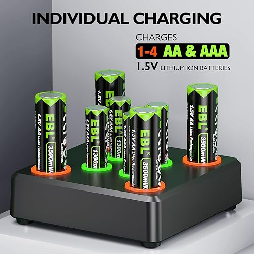 Miniatura 7 de EBL Baterías recargables AA de litio de 3000 mWh, paquete de 8 y 1.5 V AA de litio 3500 mWh, paquete de 4 unidades y AAA de 1300 mWh, paquete de 4