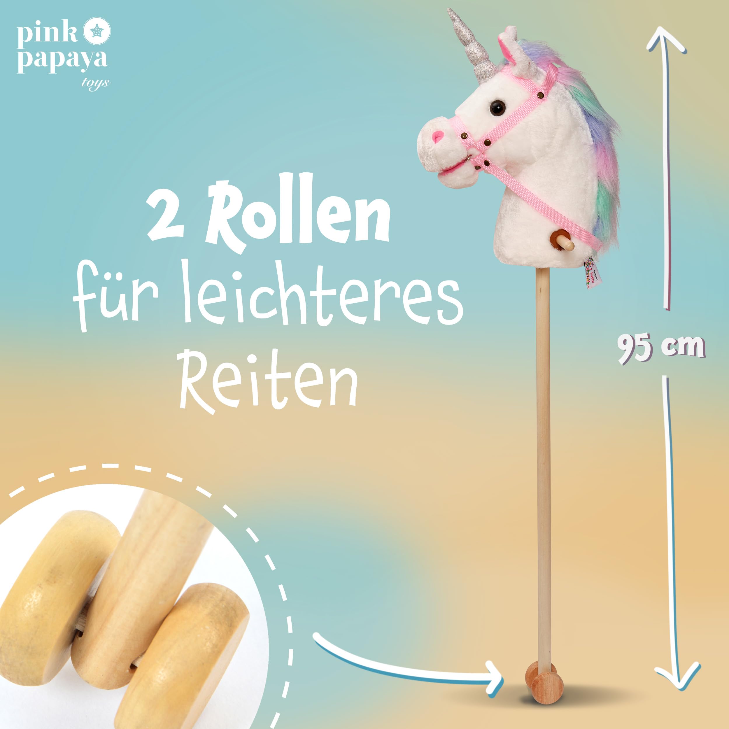 Pink Papaya Hobby Horse, Tęczowy, uroczy konik wykonany z materiału z funkcją dźwiękową: rżenie i odgłos galopu