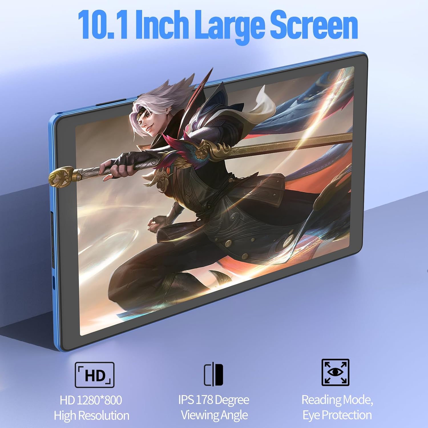 NEWISION tablet displaying a high-resolution image, highlighting its 10.1-inch large screen and HD IPS display