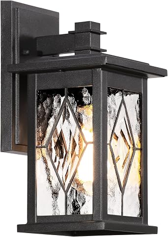 Aluminum Outdoor Wall Lights 14.5 Inch Exterior Porch Lights Wall Mount with Water Ripple Glass Black Outdoor Lighting Fixtures Wall Mount E26 Socket