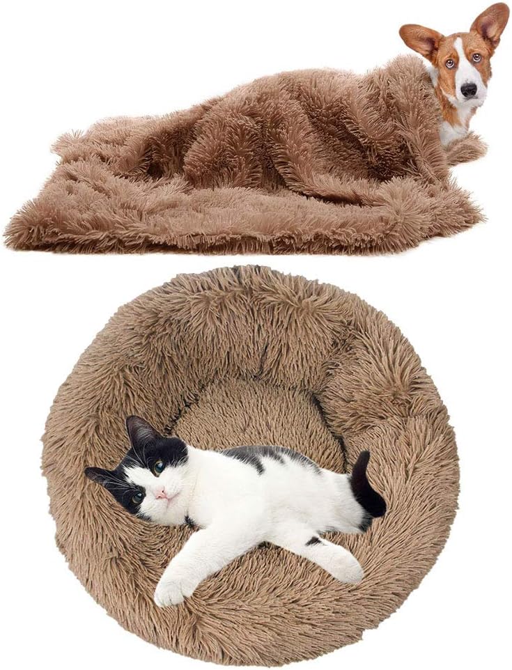 Cat Bed Cute Dog Bed Washable Pet Bed Cushion Donut Dog Bed Extra Soft Comfortable and Suitable for Cats and Small Medium Large Dogs (60 cm/23 inch Diameter)，Khaki