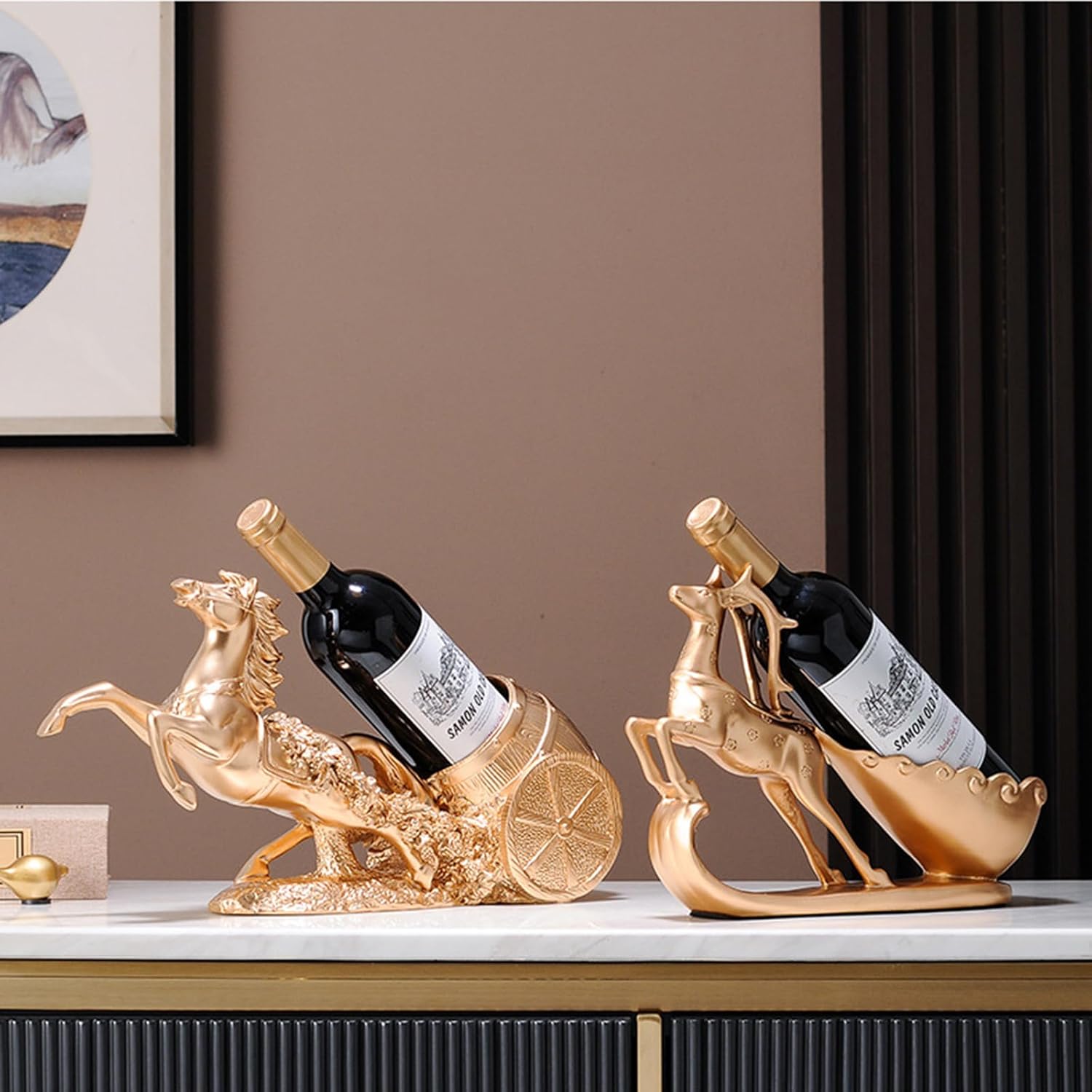 Reindeer Statue Sculpture Deer Wine Bottle Holder Tabletop Single Wine Accessory Bottle Stand Decoration- Unique Resin Deer Statue for Wine Lovers and Home Decoration,Gold b