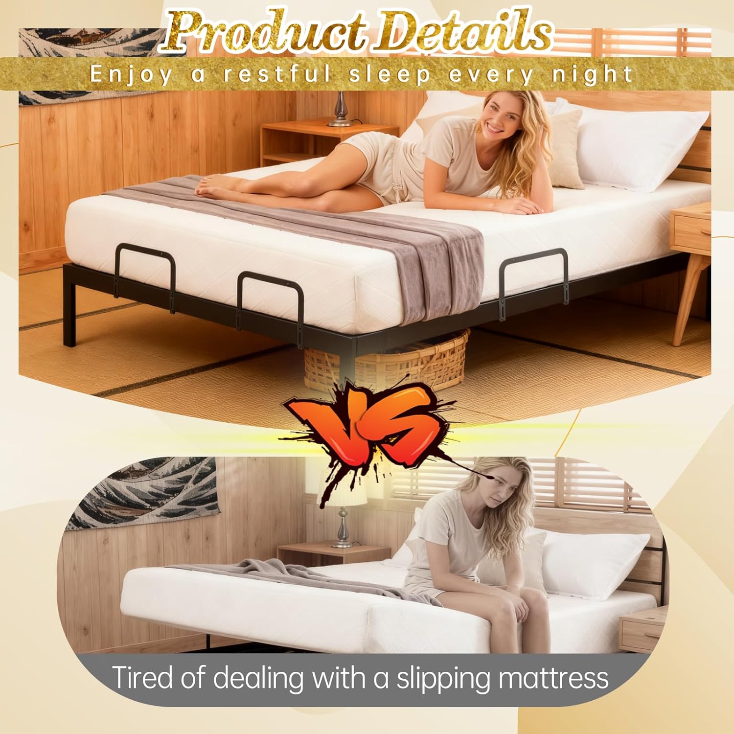 SHENLIU 4 Pack Mattress Slide Stopper, Metal Mattress Gripper Retainer Bar Mattres Stoppers to Prevent Sliding, Adjustable Non Slip Holder in Place Grippers for Metal Bed Frame, Black