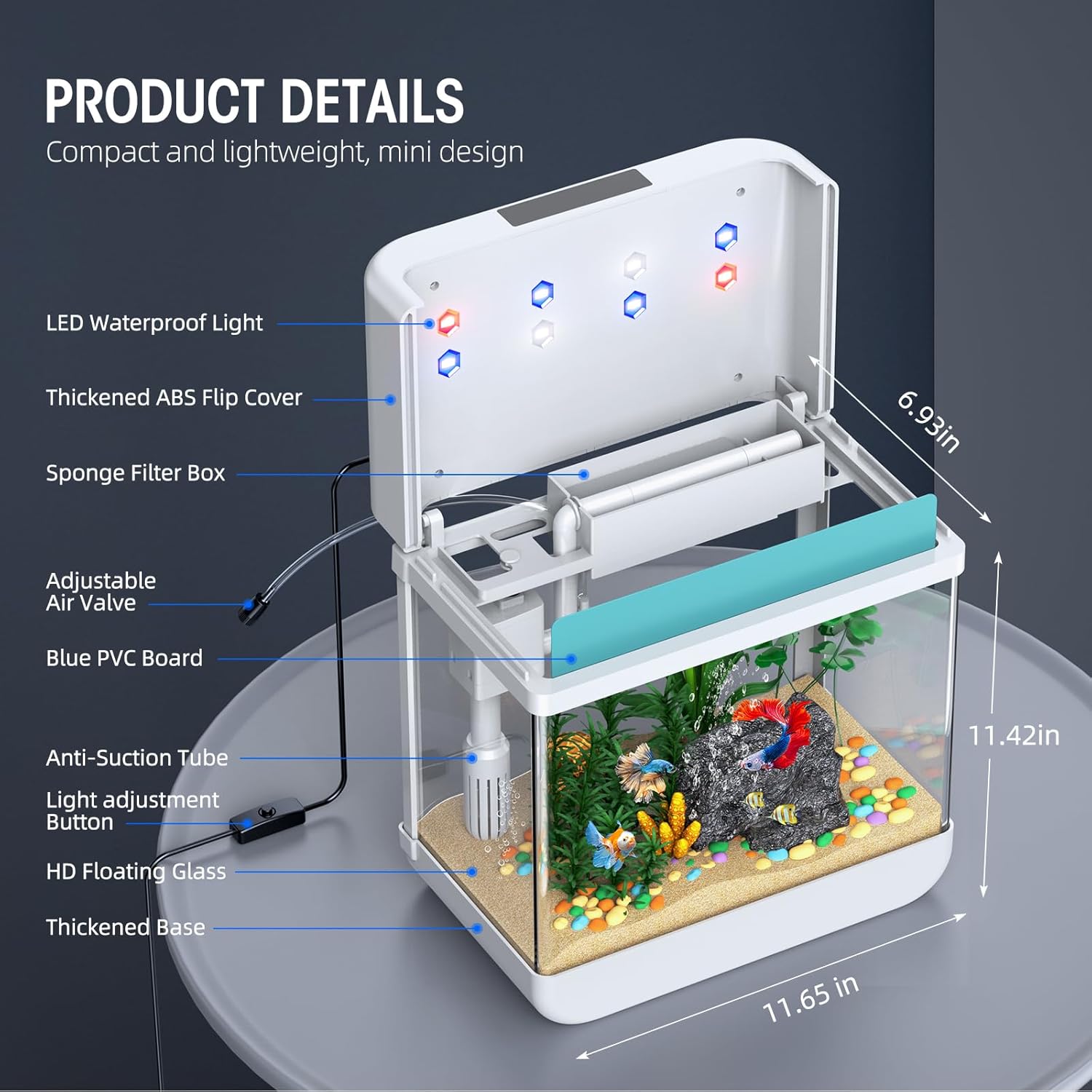 Detailed product diagram of the JPHYLL HC-288 fish tank showing dimensions and labeled parts like LED Waterproof Light, Thickened ABS Flip Cover, Sponge Filter Box, Adjustable Air Valve, Blue PVC Board, Anti-Suction Tube, Light adjustment Button, HD Floating Glass, and Thickened Base.