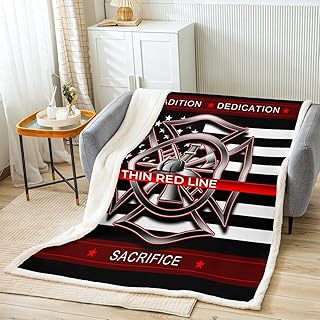 Firefighter Fire Sign Blanket for Boys Girls Kids Super Soft Warm American Flag Sherpa Fleece Blanket Fireman Logo Throw Blankets Stars Stripes Bed Blanket Gifts for Teens Women(Queen 90