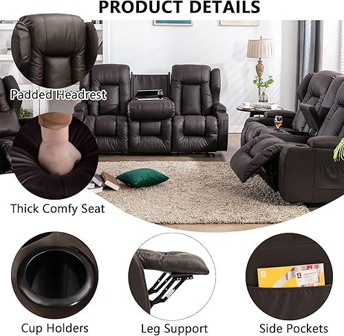 Miniatura 5 de VUYUYU Juego de sofá reclinable para sala de estar, sofá reclinable tapizado, sofá reclinable de cuero unido manual reclinable (marrón, juego de 3+2)