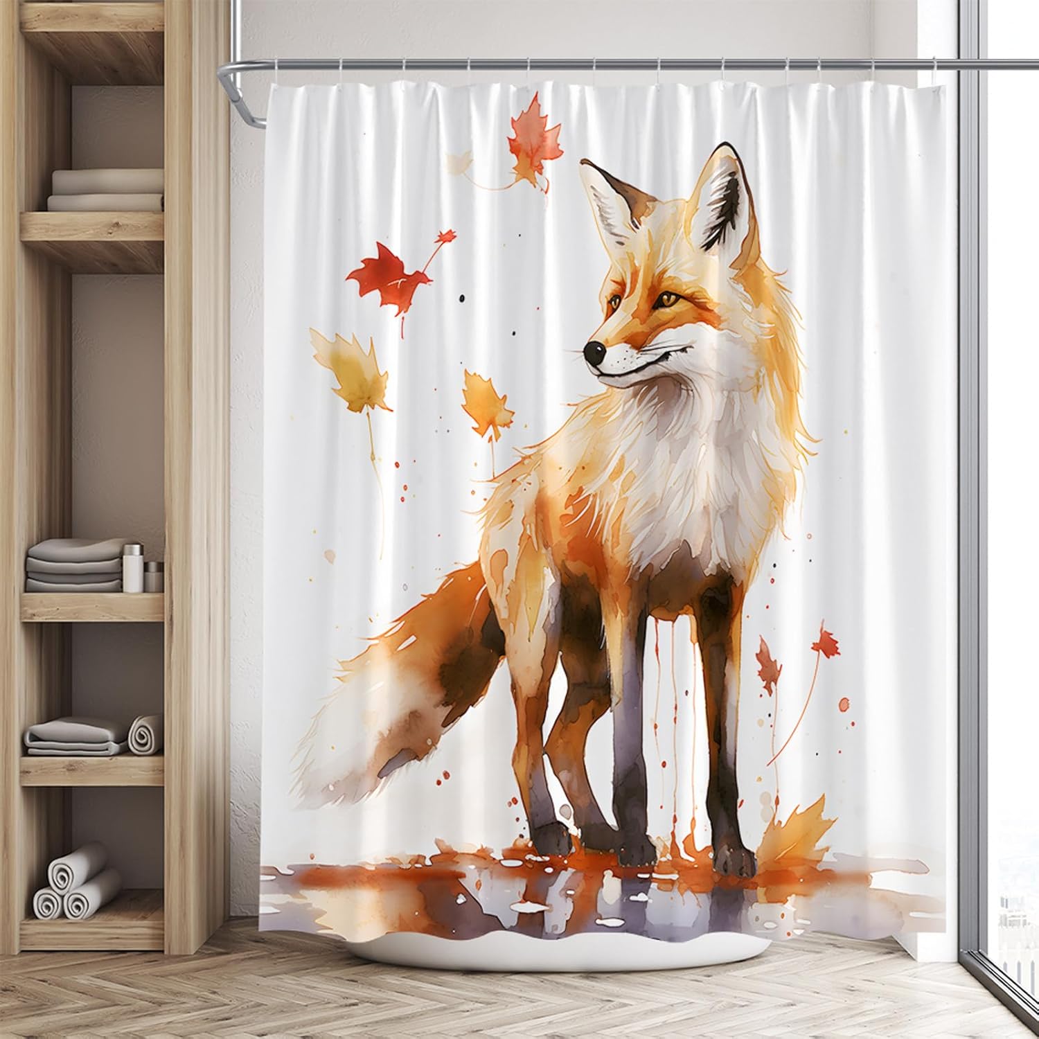 Fox Shower Curtain Forest Animals Autumn Maple Hand Drawn Doodles Oil Painting Style Fabric Bathroom Set with Hook 84Wx70H Inch