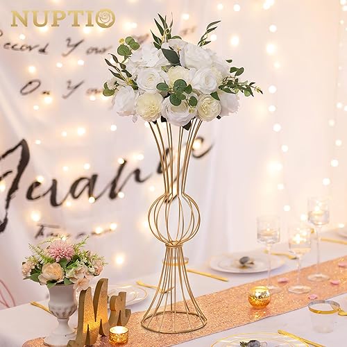 Miniatura 4 de NUPTIO Jarrones dorados para centros de mesa de boda 2 piezas de 23.6 pulgadas de alto jarrón de flores geométricas soporte de flores geométricas