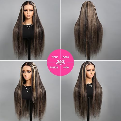 Miniatura 5 de Pelucas de cabello humano real con nudos blanqueados con reflejos y encaje frontal, densidad del 220%, balayage, sin pegamento, pelucas de cabello