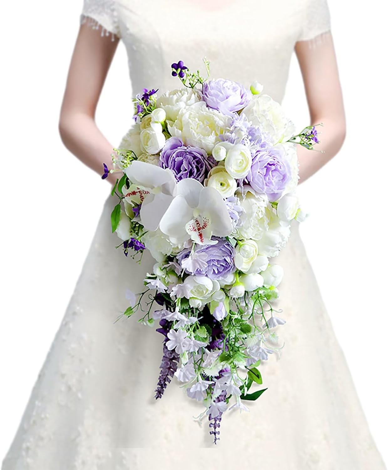 Emivery Cascading Wedding Bridal Bouquet, Artificial Light Purple Bouquet Silk Rose Arrangement for Wedding Ceremony Anniversary Party Bridal Shower