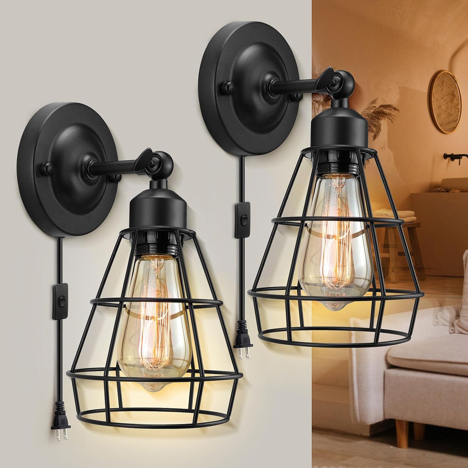 Uxtrodecor Plug in Wall Sconce, Wire Cage Wall lamp, Industrial Wall ...