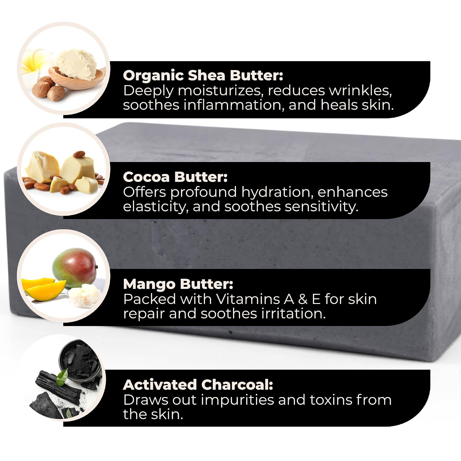Activated Charcoal Body Wash Bar Soap - Gently Remove Excess Oil & Impurities - Clears Pores - Acne - Shea, Cocoa, and Mango Butter Men, Women, Teens, Kids Face and Body 6 Oz Bar Soap Made in USA