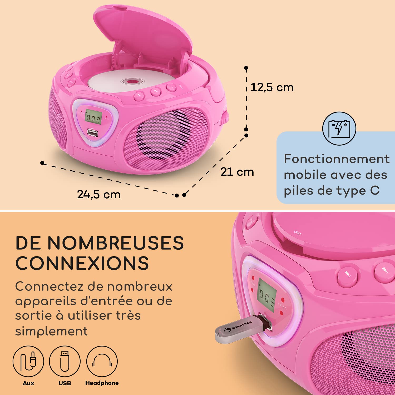 Auna Roadie - Radio-CD , Chaîne stéréo , Boombox , Lecteur CD , Port USB , MP3 , Tuner radio AM/FM , Bluetooth 2.1/EDR , Entrée RCA-AUX-jack 3,5 mm , Éclairage LED multicolore , 2x1,5W (RMS) , Rose