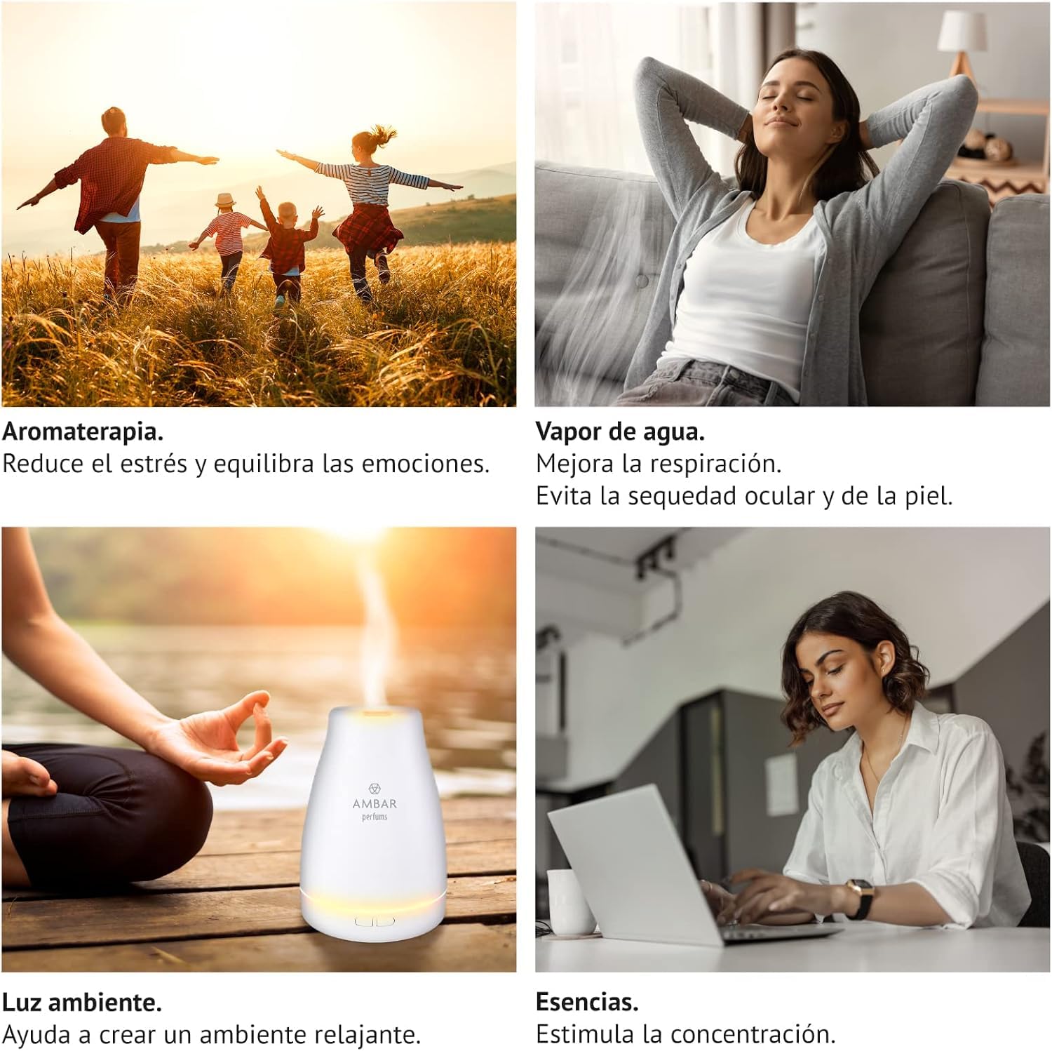 Umidificatore e diffusore di aromi ambra LED, aromaterapia a ultrasuoni, per camera da letto e ufficio, silenzioso, luce ambientale, compatibile con oli essenziali, USB (quadrato)