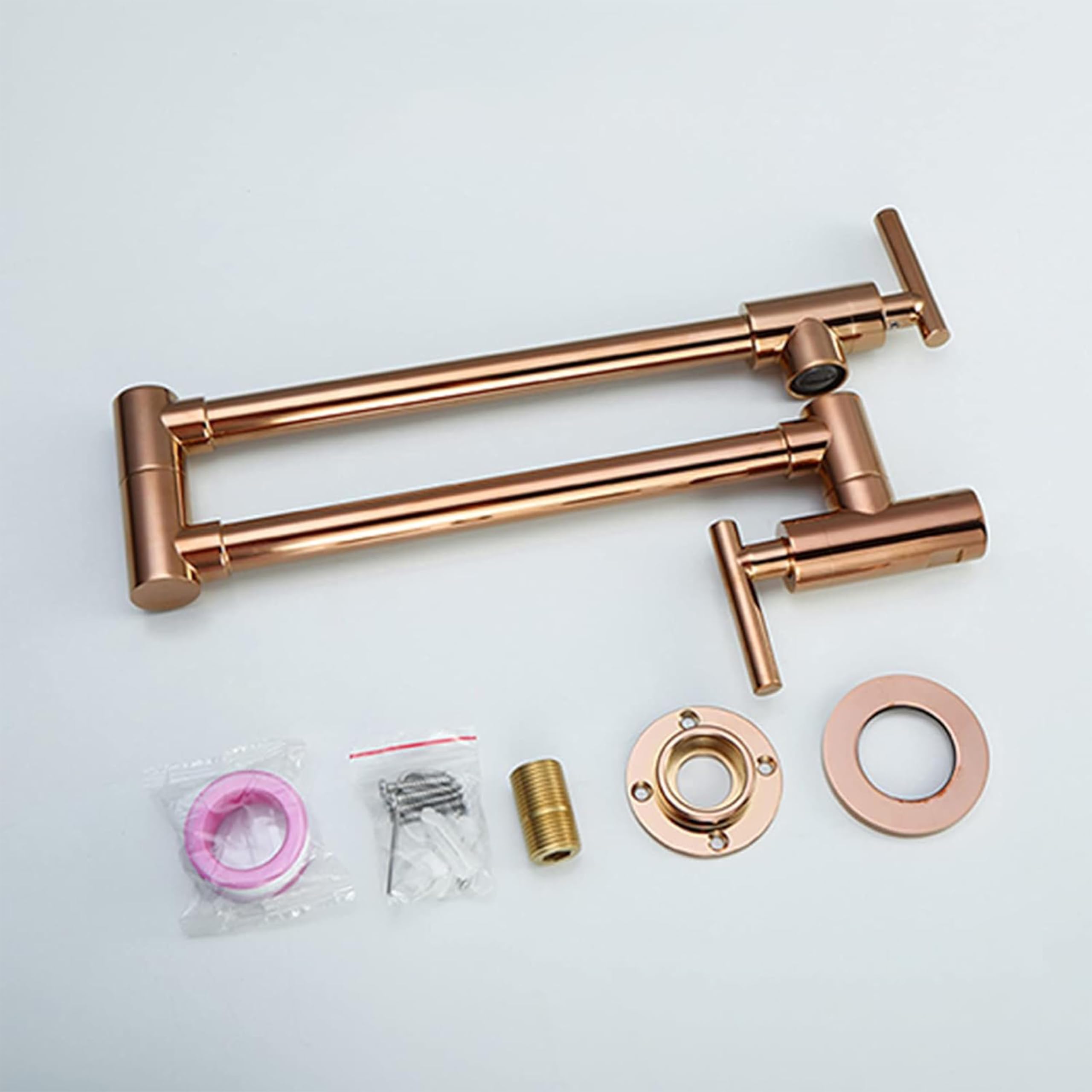 Rubinetto da parete per riempire pentole, rubinetto da cucina in ottone color oro rosa con doppia maniglia, rotazione a 360 gradi, braccio pieghevole ed estensibile a doppio snodo, foro singolo