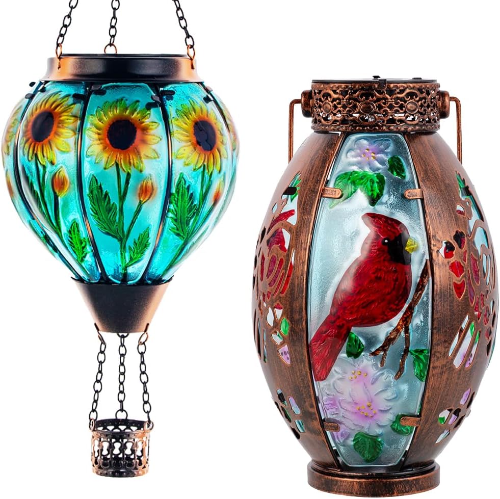 Starsoul Sunflower Hot Air Balloon + Cardinal Solar Lantern Glass Solar Hot Air Balloon Lantern with Flame Light + Metal &Stained Glass Cardinal Solar Light Waterproof Solar Lantern for Yard Garden