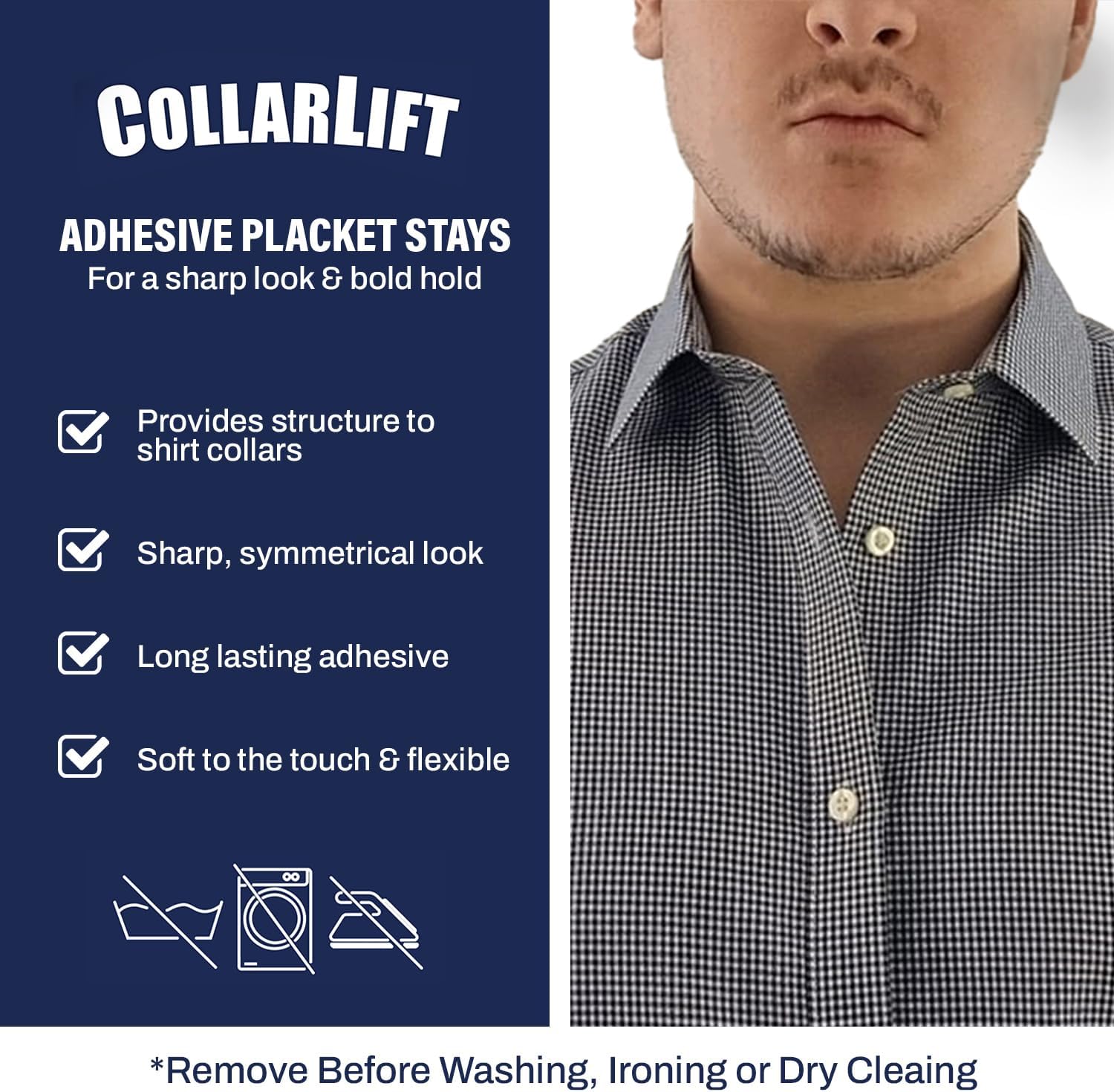 Chrome Cherry CollarLift | Adhesive Placket Collar Stays for Men's Dress Shirts | Discrete & Disposable Shirt Collar Stays for Men For A Sharp Look & Bold Hold | No Messy Or Floppy Collar Strips